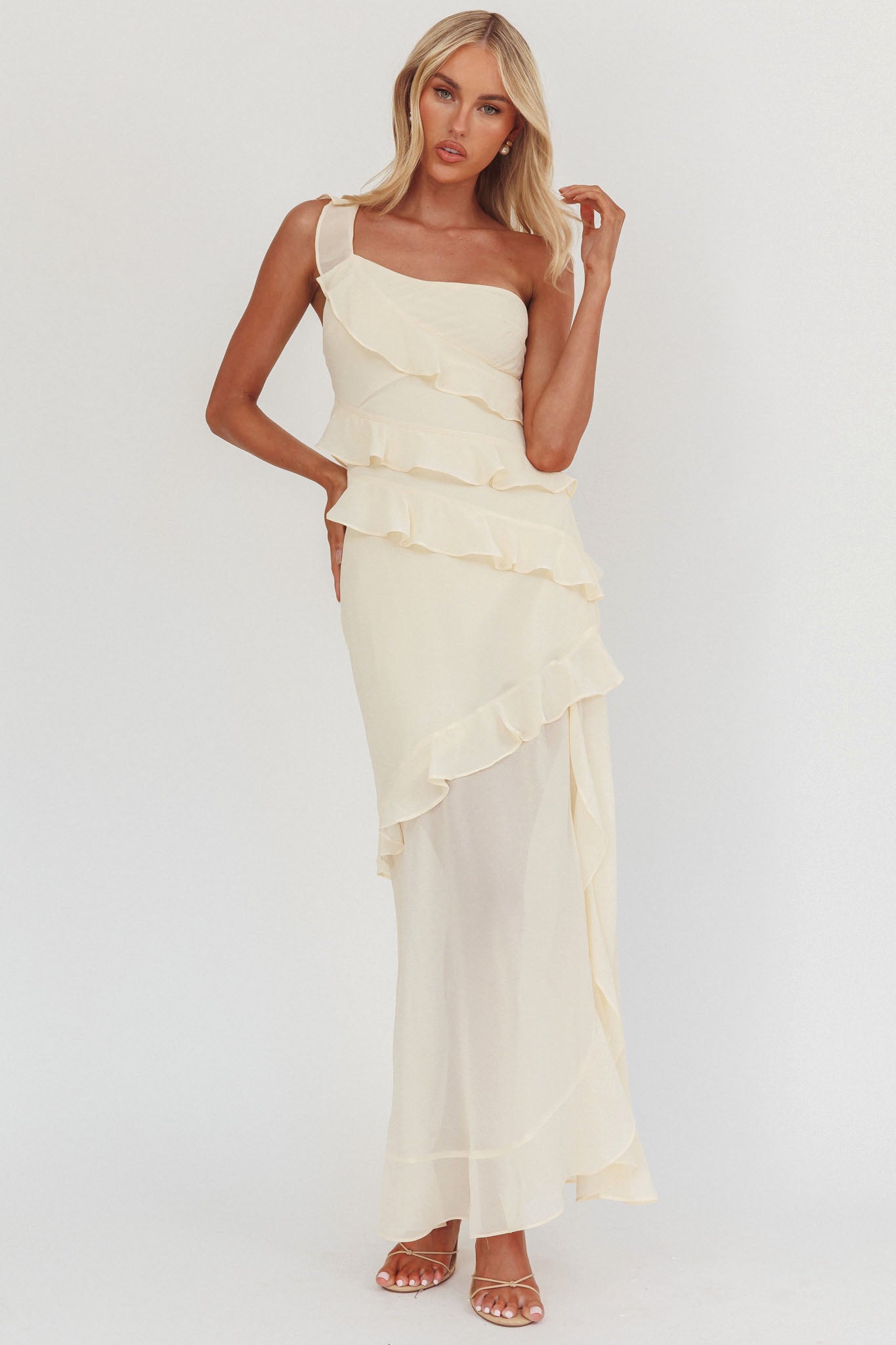 Gelina One-Shoulder Frill Trim Maxi Dress Butter-Maymioy
