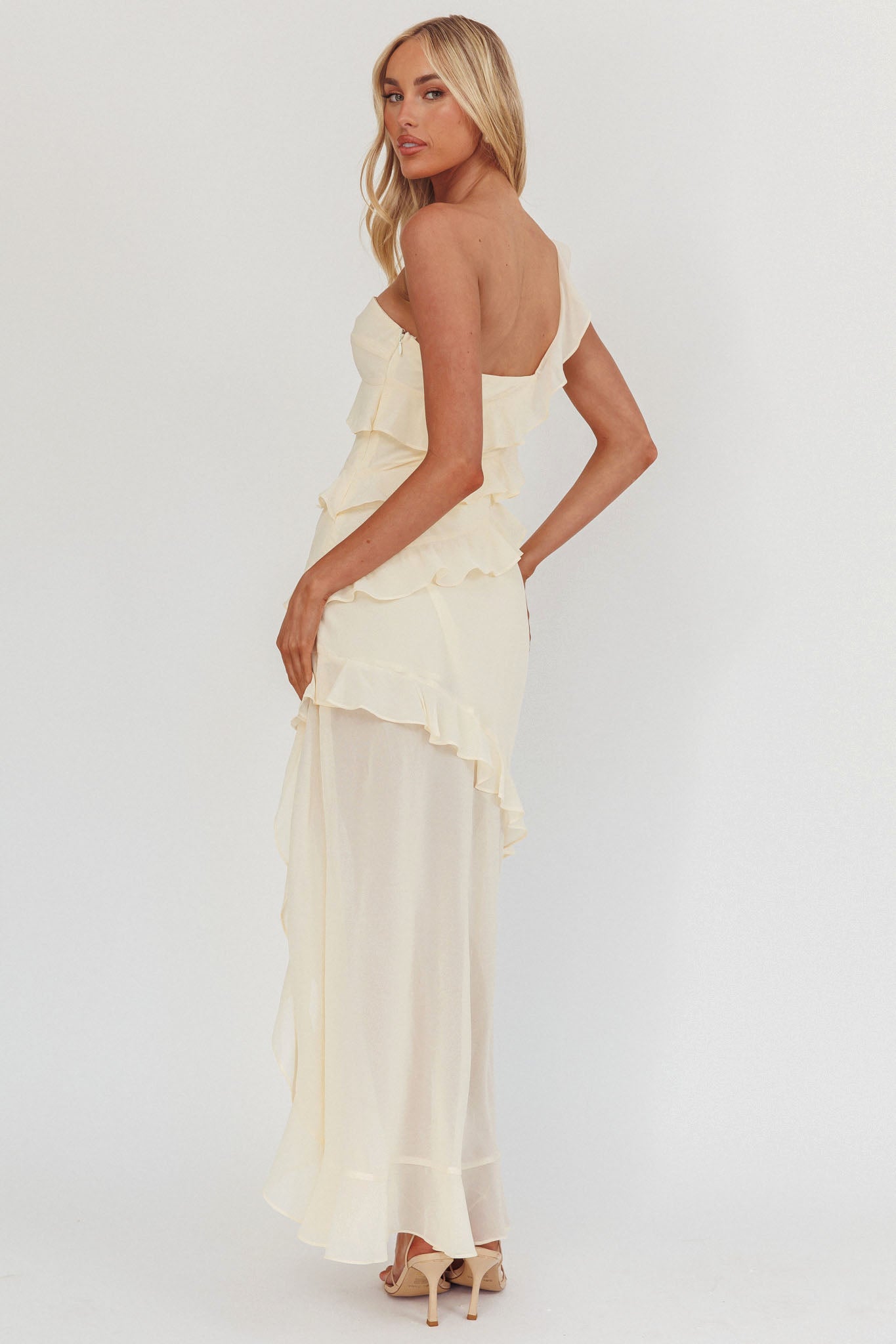 Gelina One-Shoulder Frill Trim Maxi Dress Butter-Maymioy