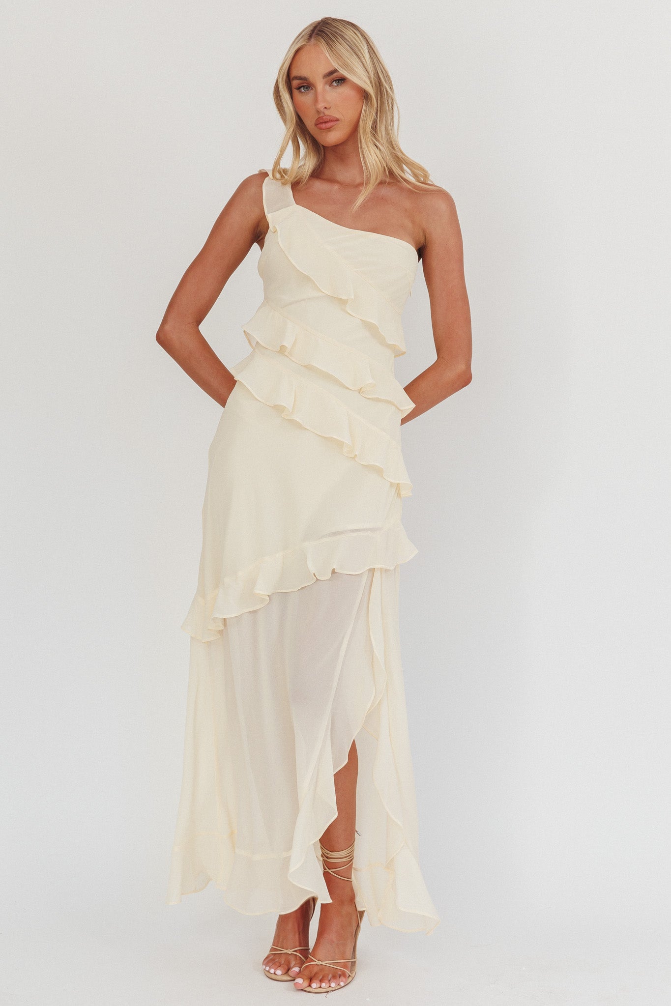 Gelina One-Shoulder Frill Trim Maxi Dress Butter-Maymioy