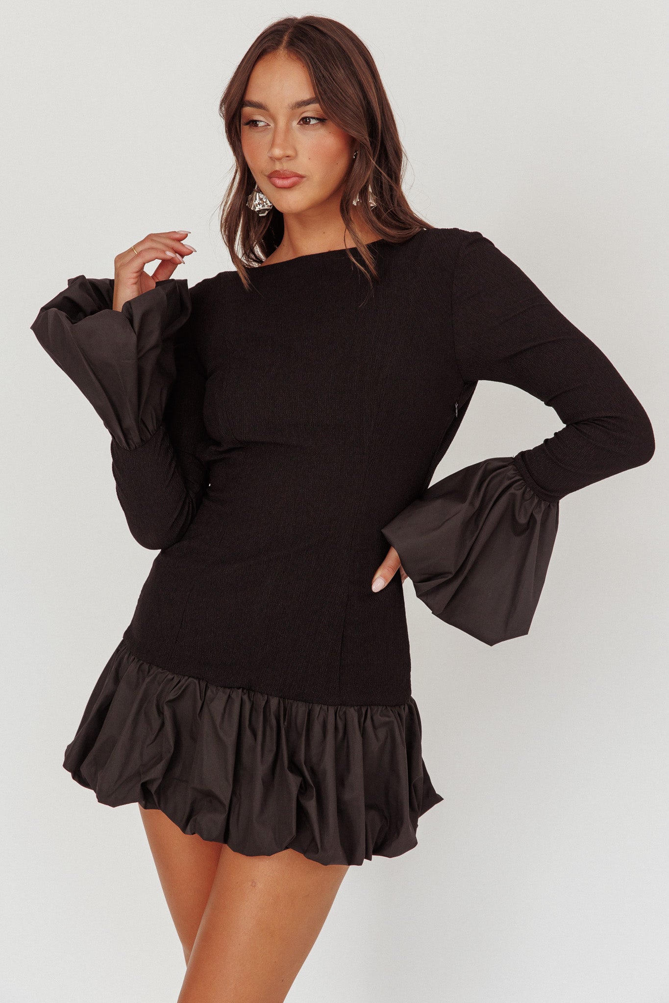Promise Bubble Hem Open Back Mini Dress Black-Maymioy