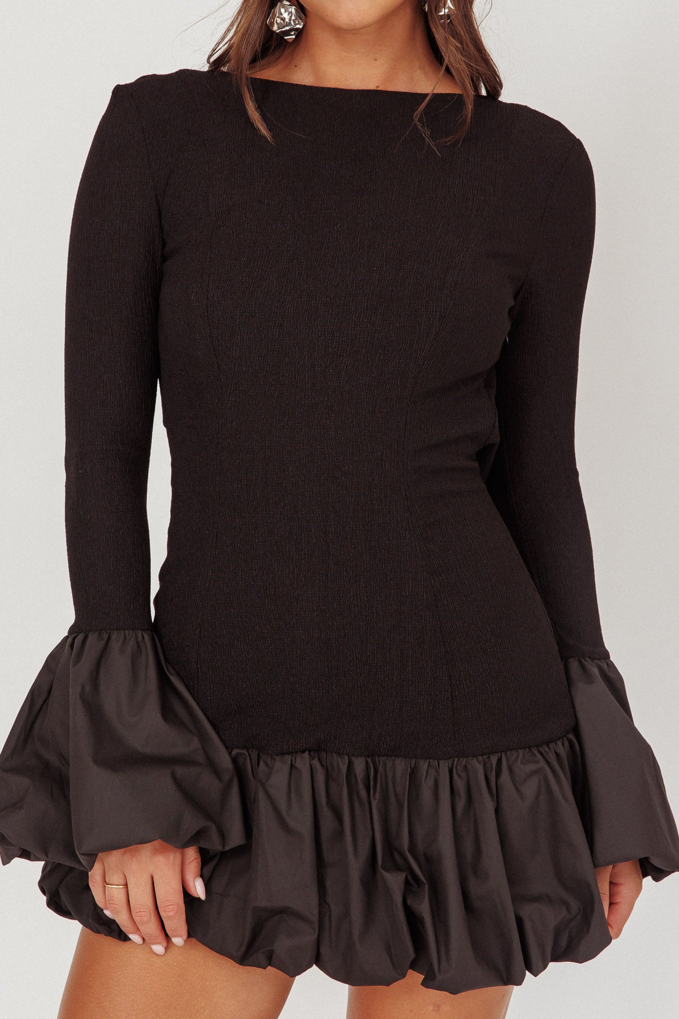 Promise Bubble Hem Open Back Mini Dress Black-Maymioy