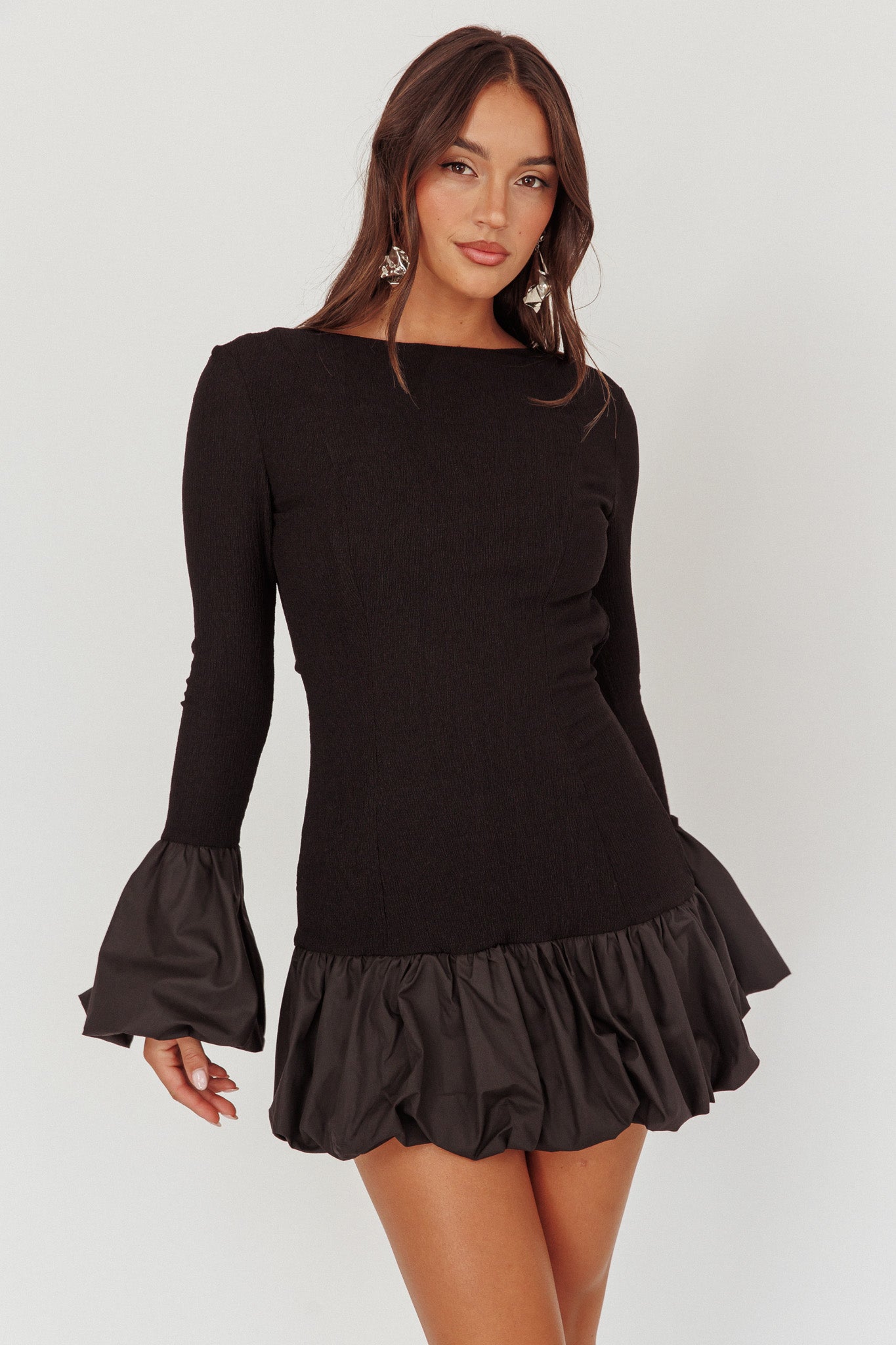 Promise Bubble Hem Open Back Mini Dress Black-Maymioy