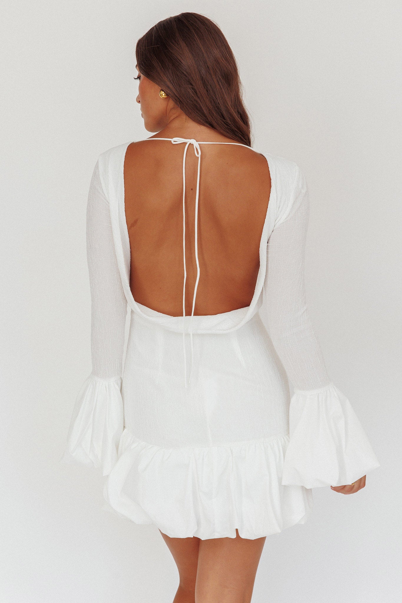 Promise Bubble Hem Open Back Mini Dress White-Maymioy