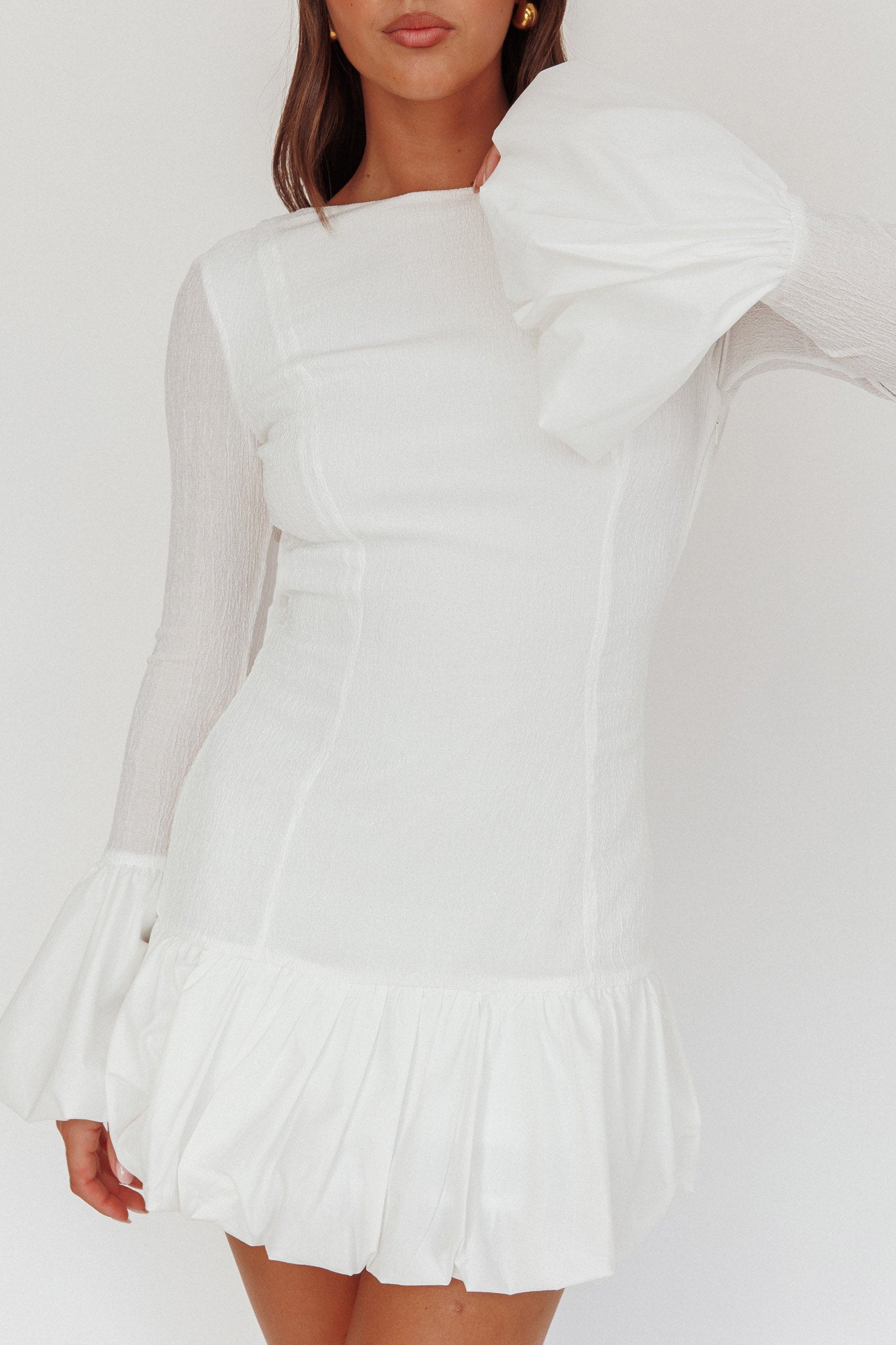 Promise Bubble Hem Open Back Mini Dress White-Maymioy