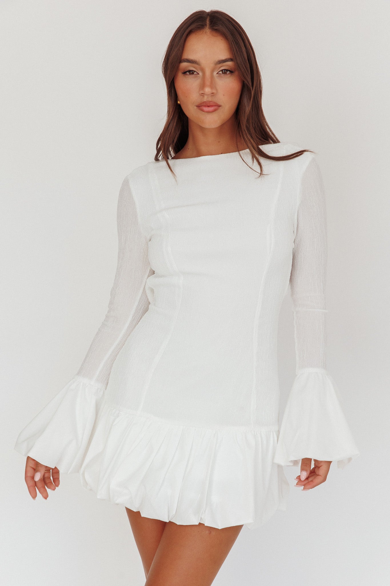 Promise Bubble Hem Open Back Mini Dress White-Maymioy