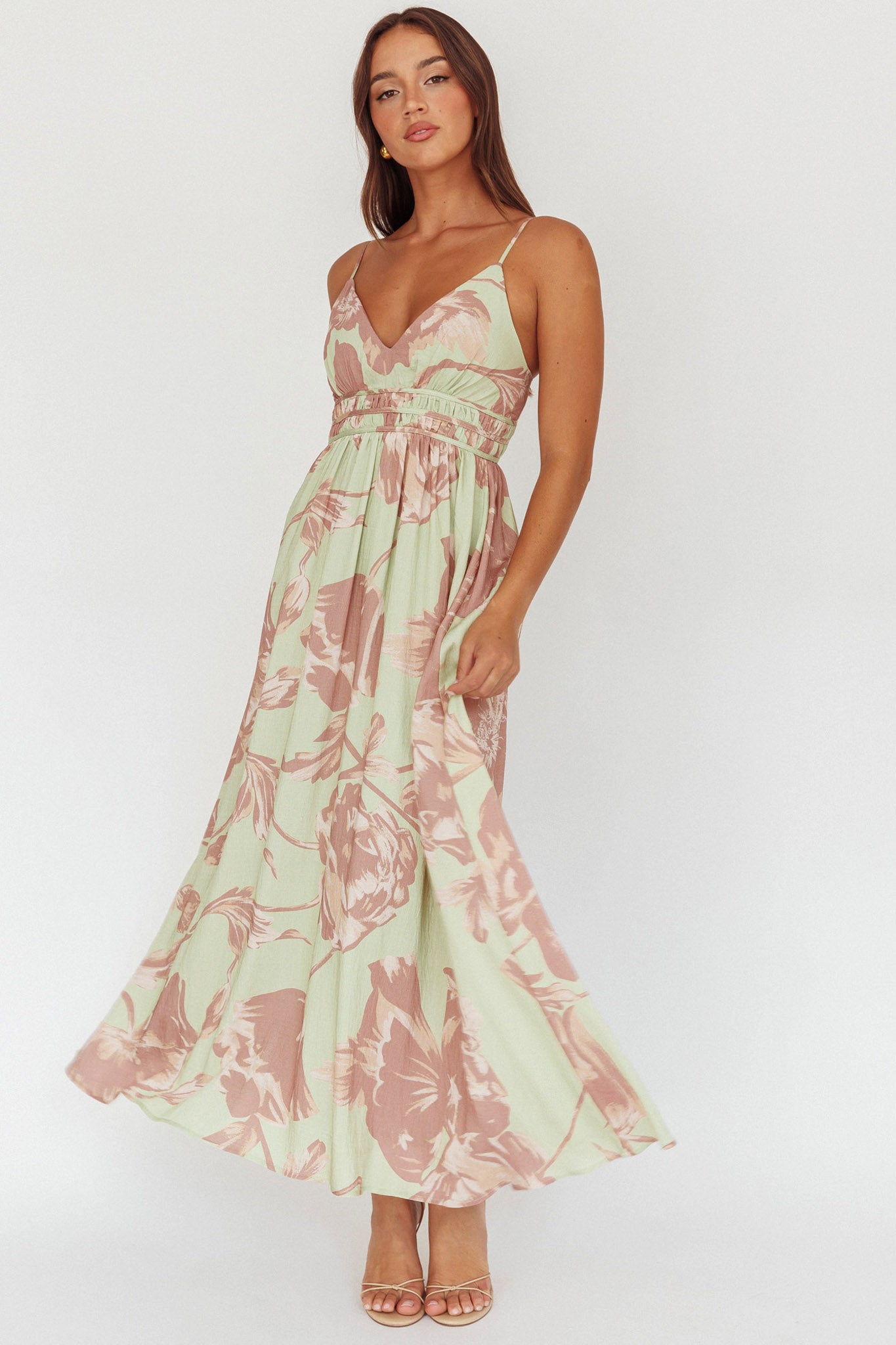Sunny Afternoon Gathered Waist Maxi Dress Floral Sage-Maymioy