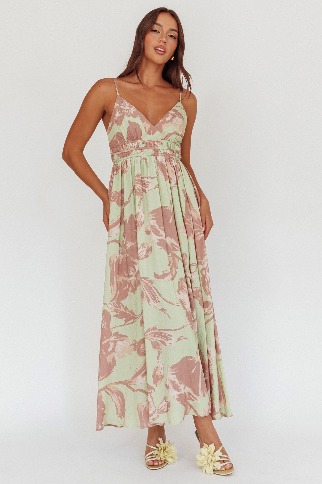 Sunny Afternoon Gathered Waist Maxi Dress Floral Sage-Maymioy