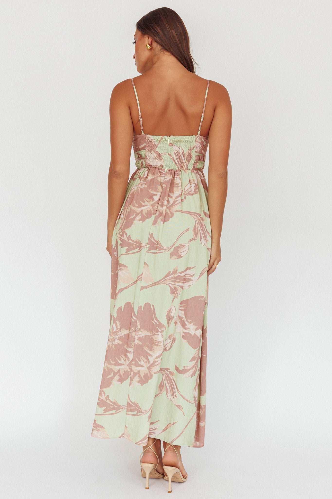 Sunny Afternoon Gathered Waist Maxi Dress Floral Sage-Maymioy