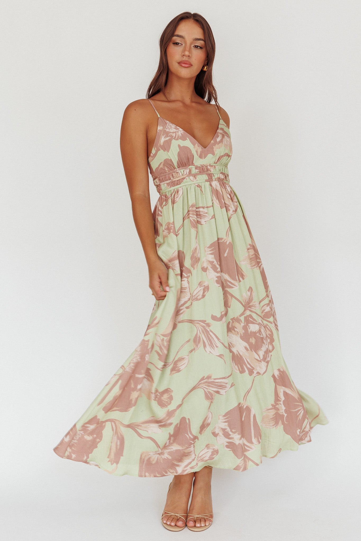 Sunny Afternoon Gathered Waist Maxi Dress Floral Sage-Maymioy