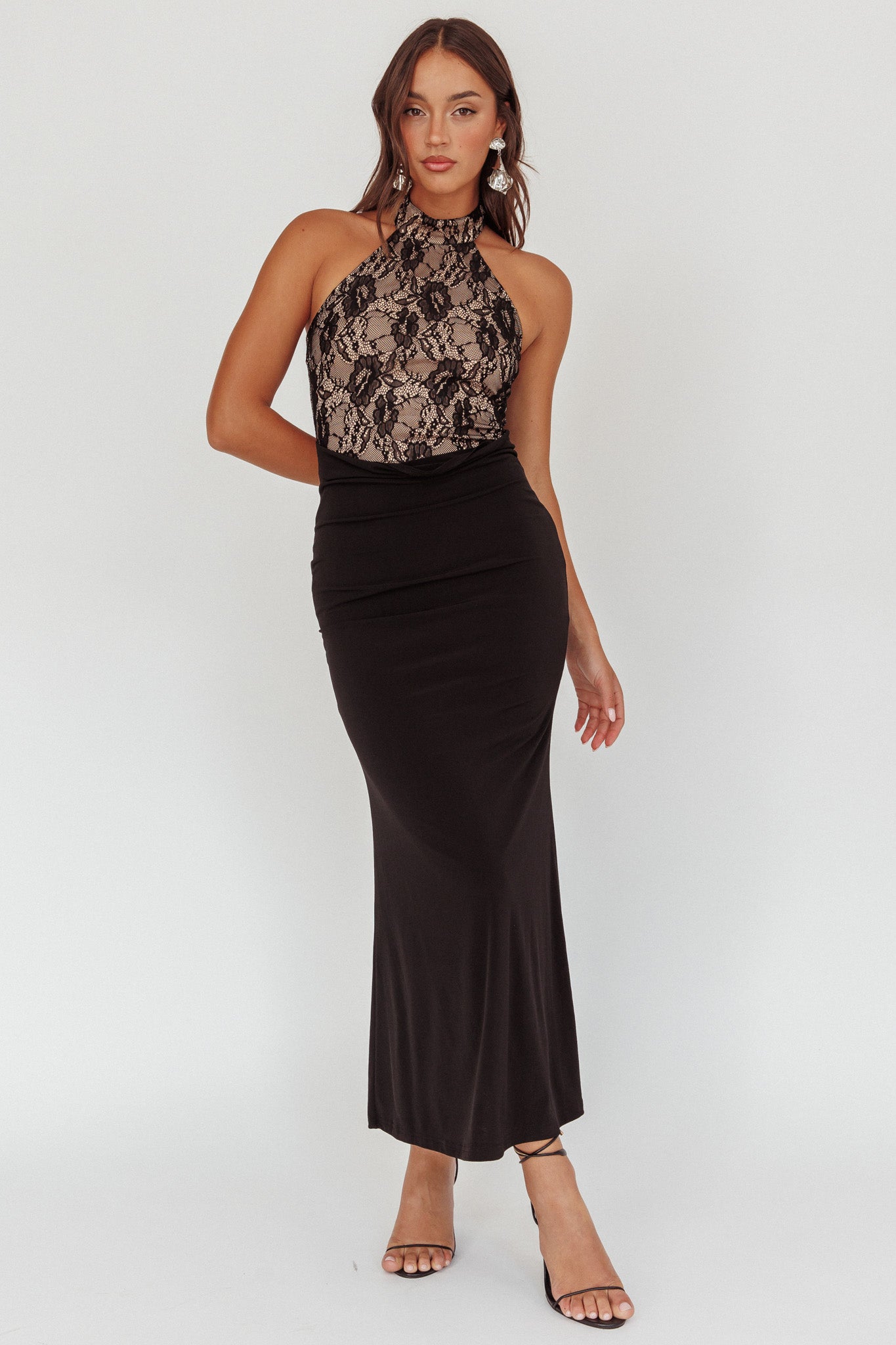 Lovelight Lace Bodice Halter Maxi Dress Black-Maymioy