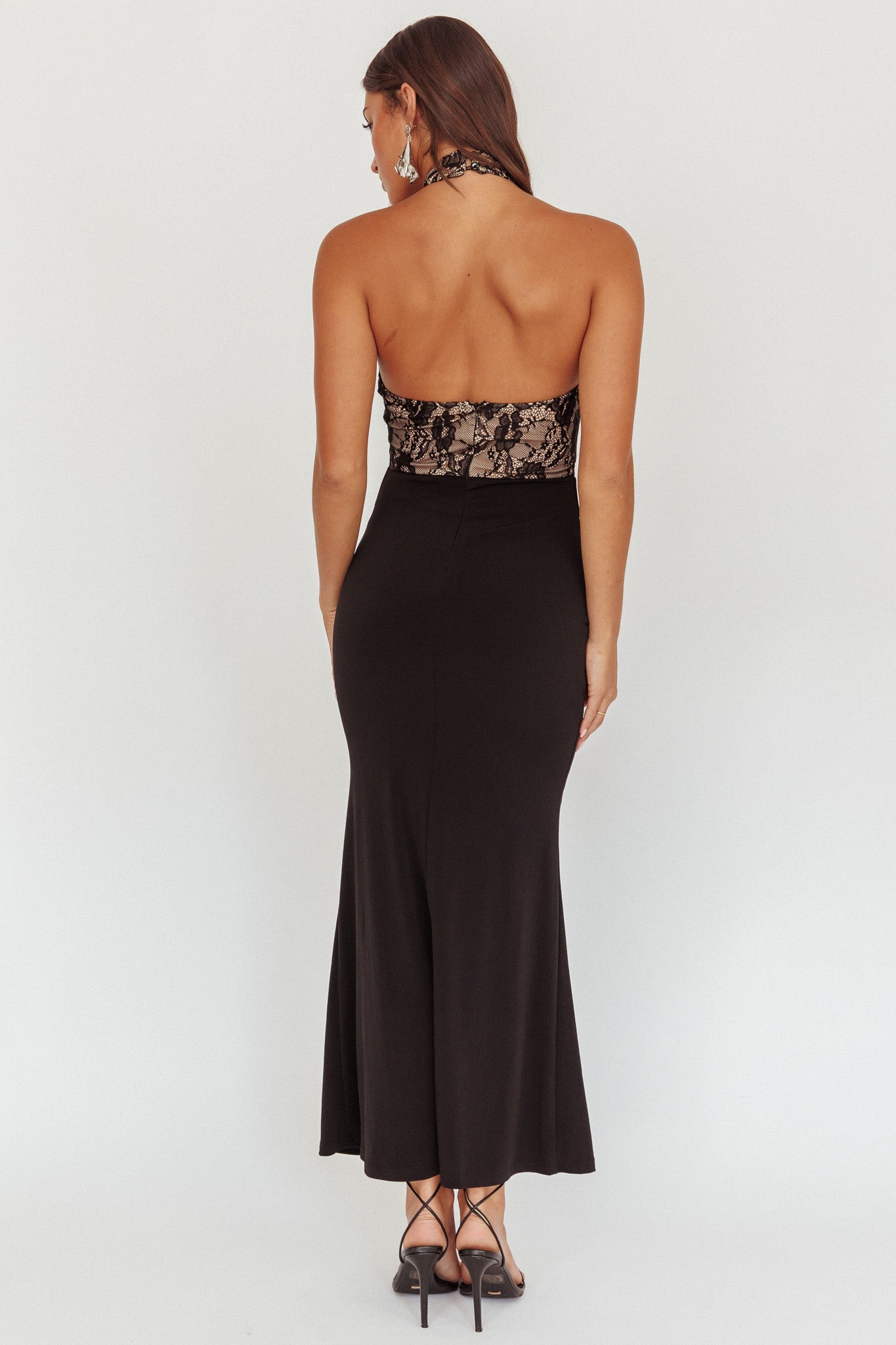 Lovelight Lace Bodice Halter Maxi Dress Black-Maymioy