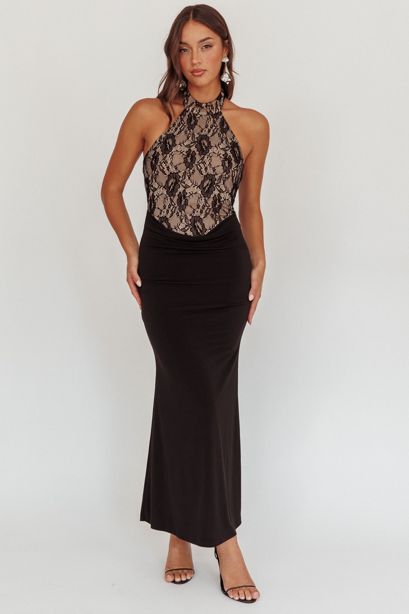 Lovelight Lace Bodice Halter Maxi Dress Black-Maymioy