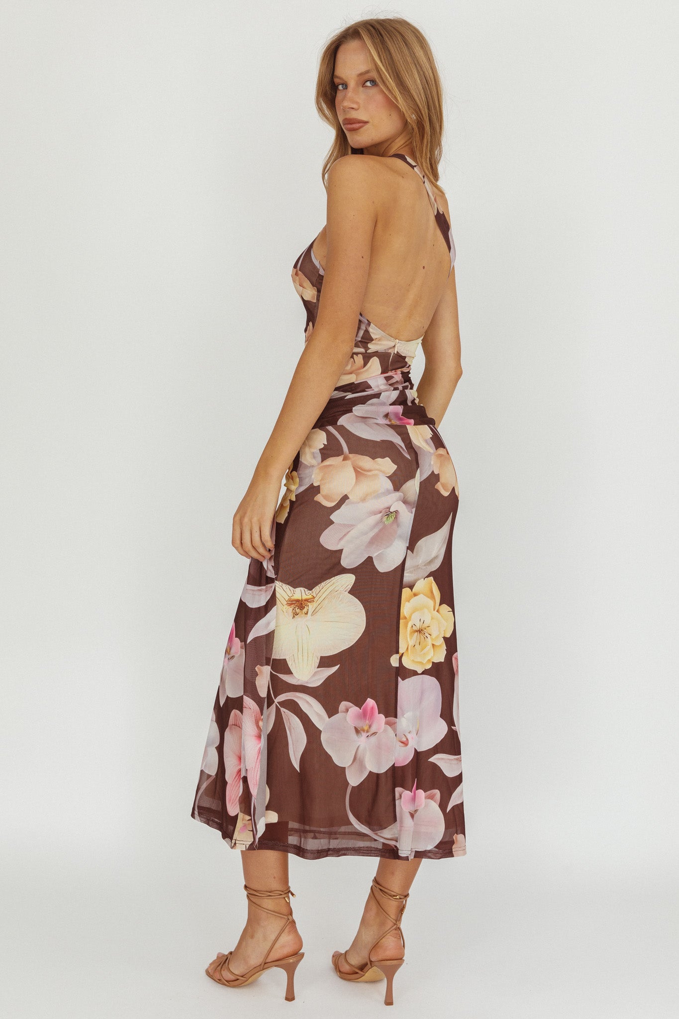 Kimbra Waist Sash Maxi Dress Floral Brown-Maymioy