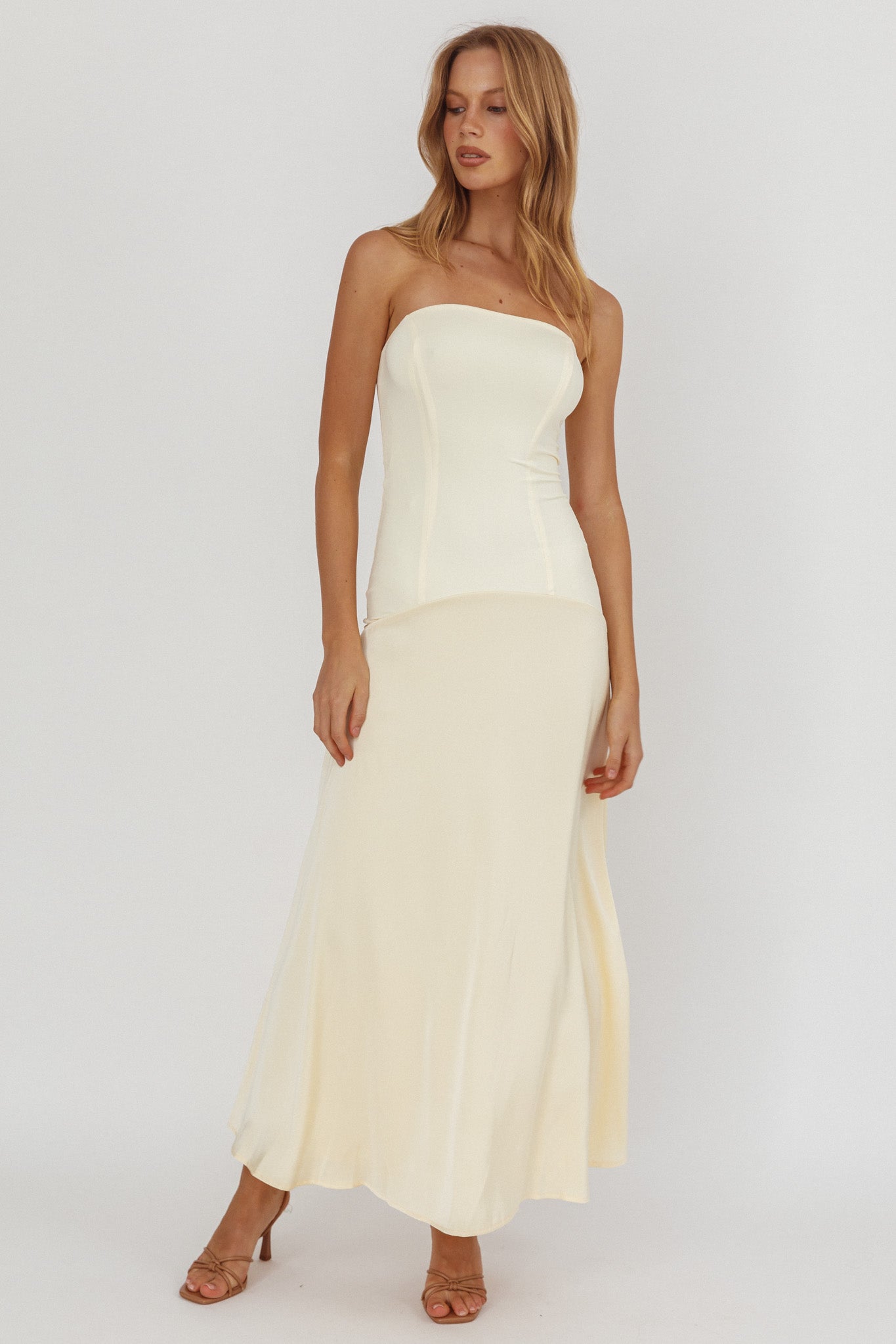 Star Avenue Strapless Drop Waist Maxi Dress Butter-Maymioy