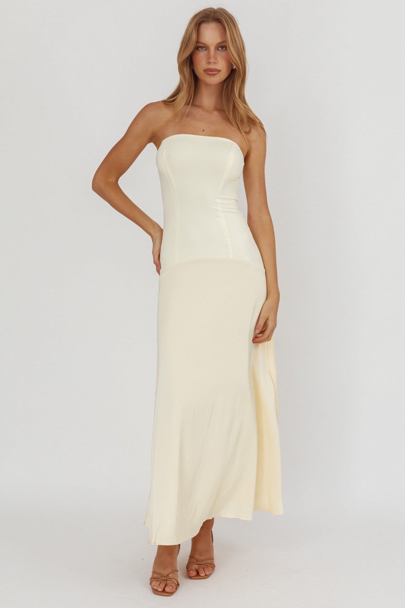 Star Avenue Strapless Drop Waist Maxi Dress Butter-Maymioy