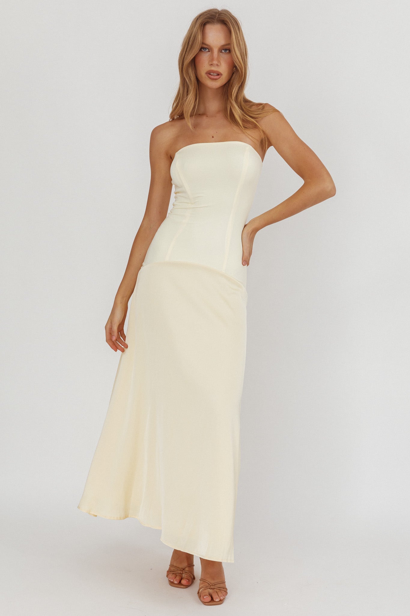 Star Avenue Strapless Drop Waist Maxi Dress Butter-Maymioy
