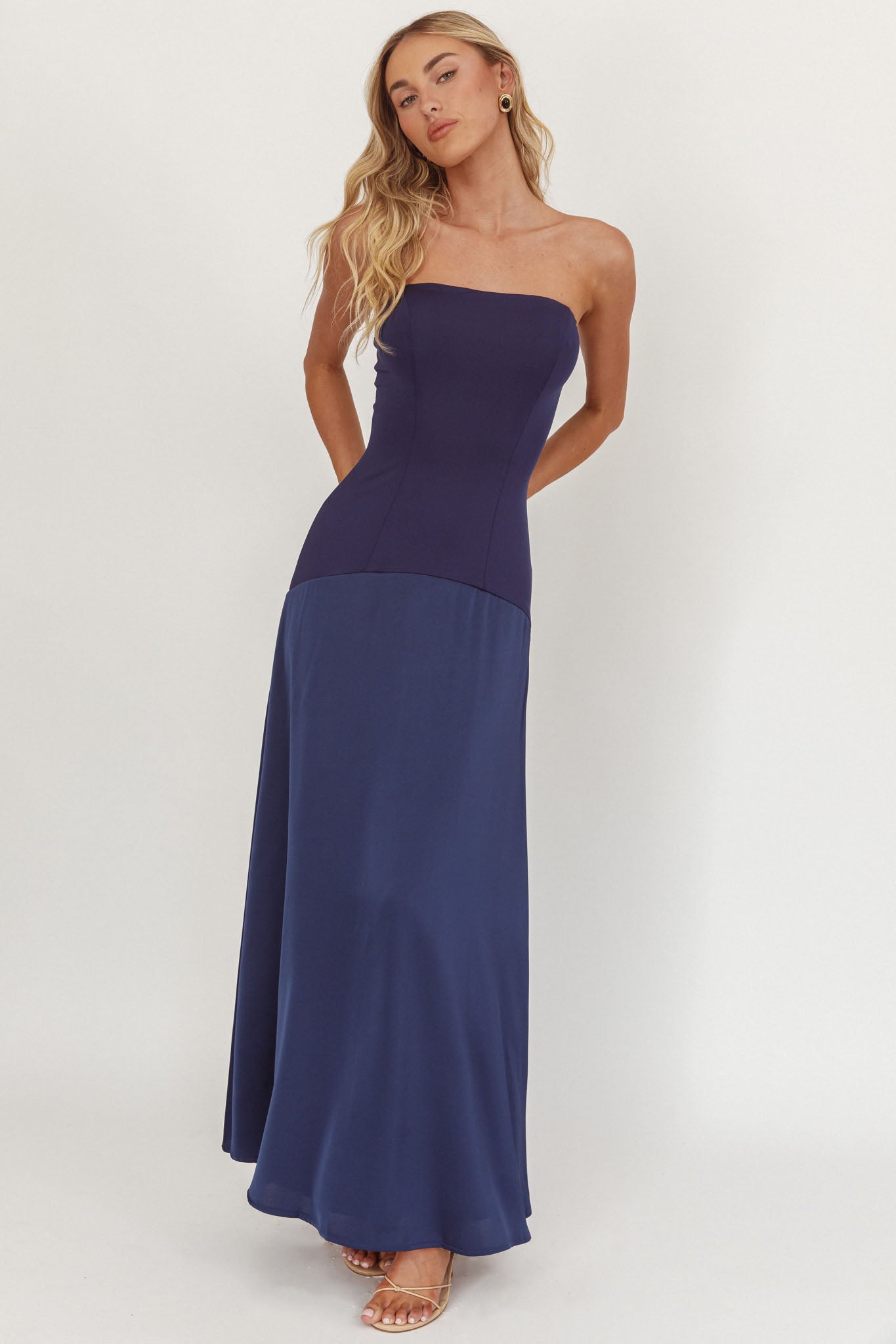 Star Avenue Strapless Drop Waist Maxi Dress Navy-Maymioy
