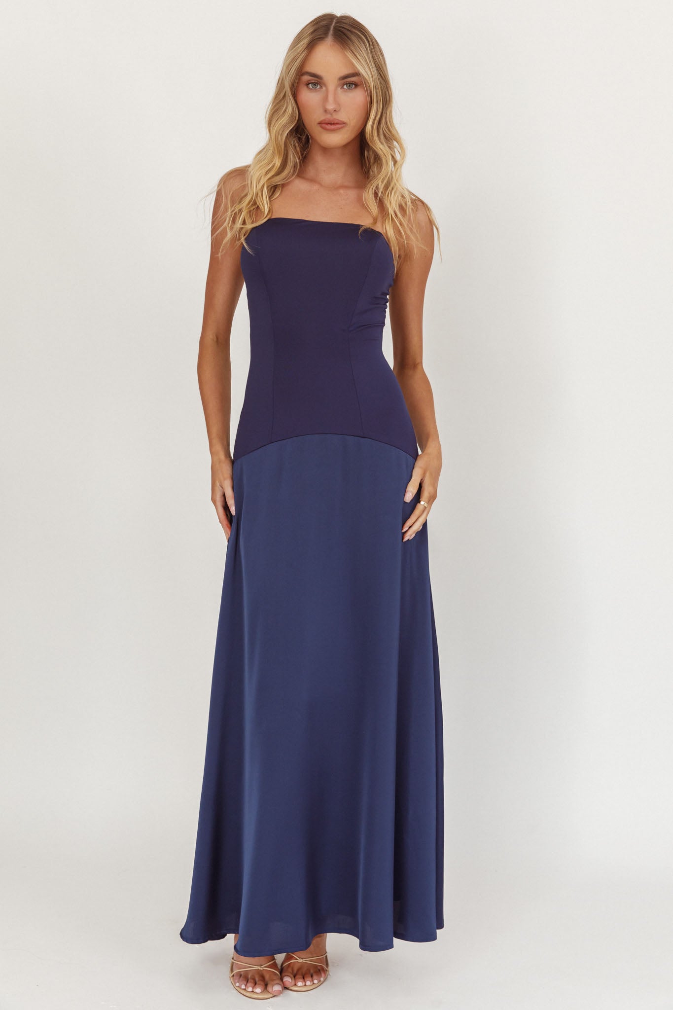 Star Avenue Strapless Drop Waist Maxi Dress Navy-Maymioy
