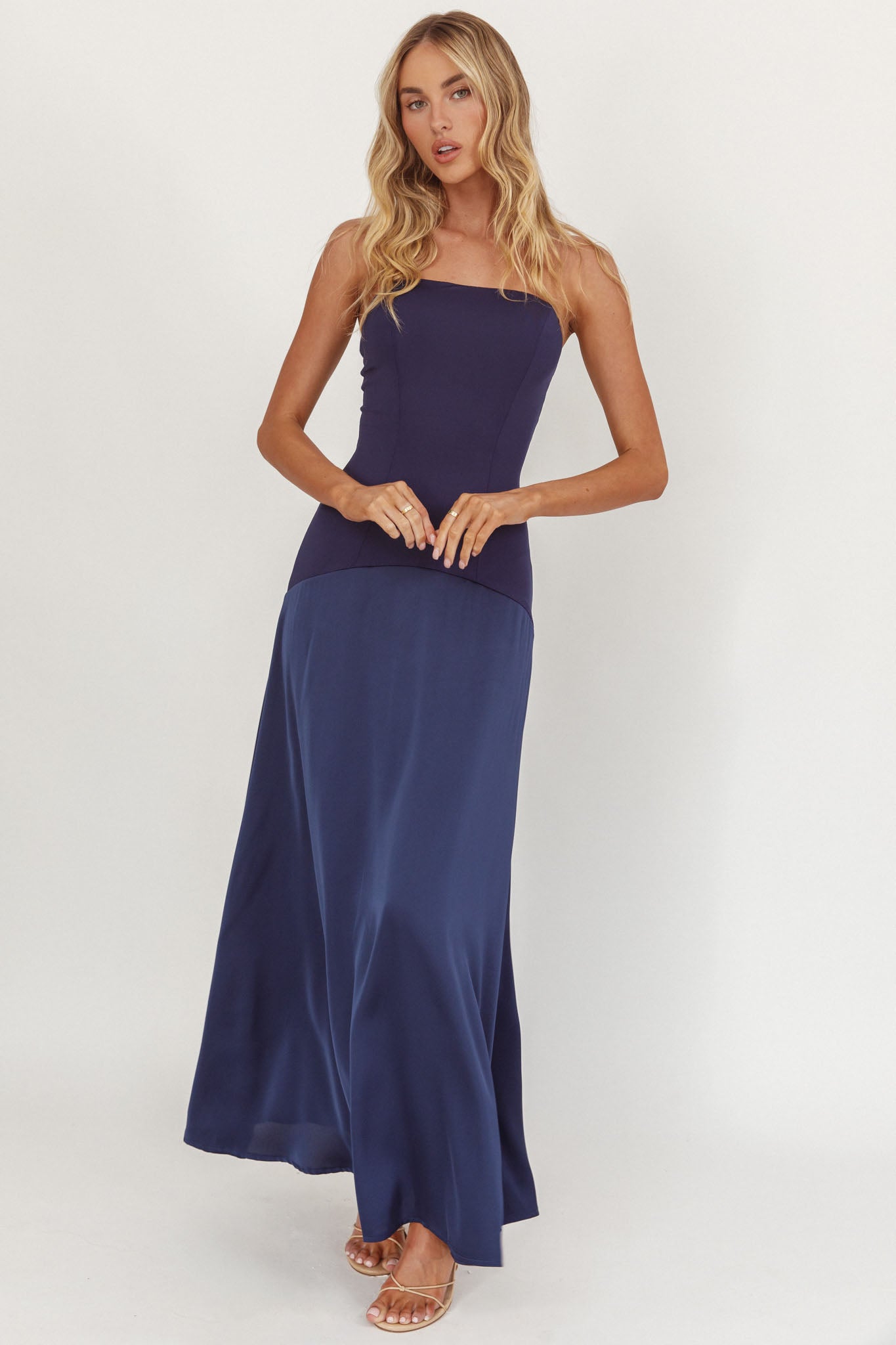 Star Avenue Strapless Drop Waist Maxi Dress Navy-Maymioy