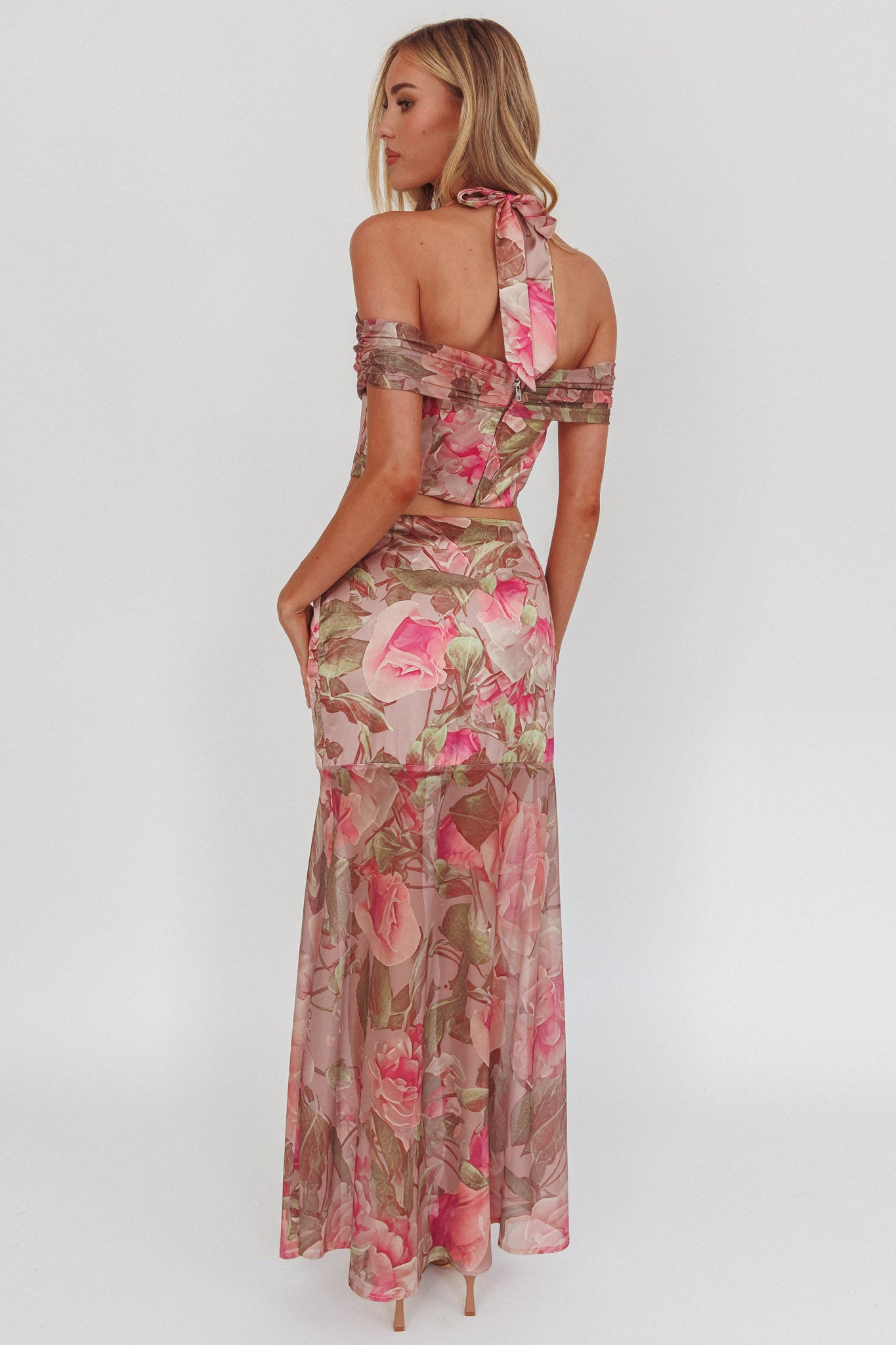 Sunset High Sheer Hem Maxi Skirt Floral Blush-Maymioy