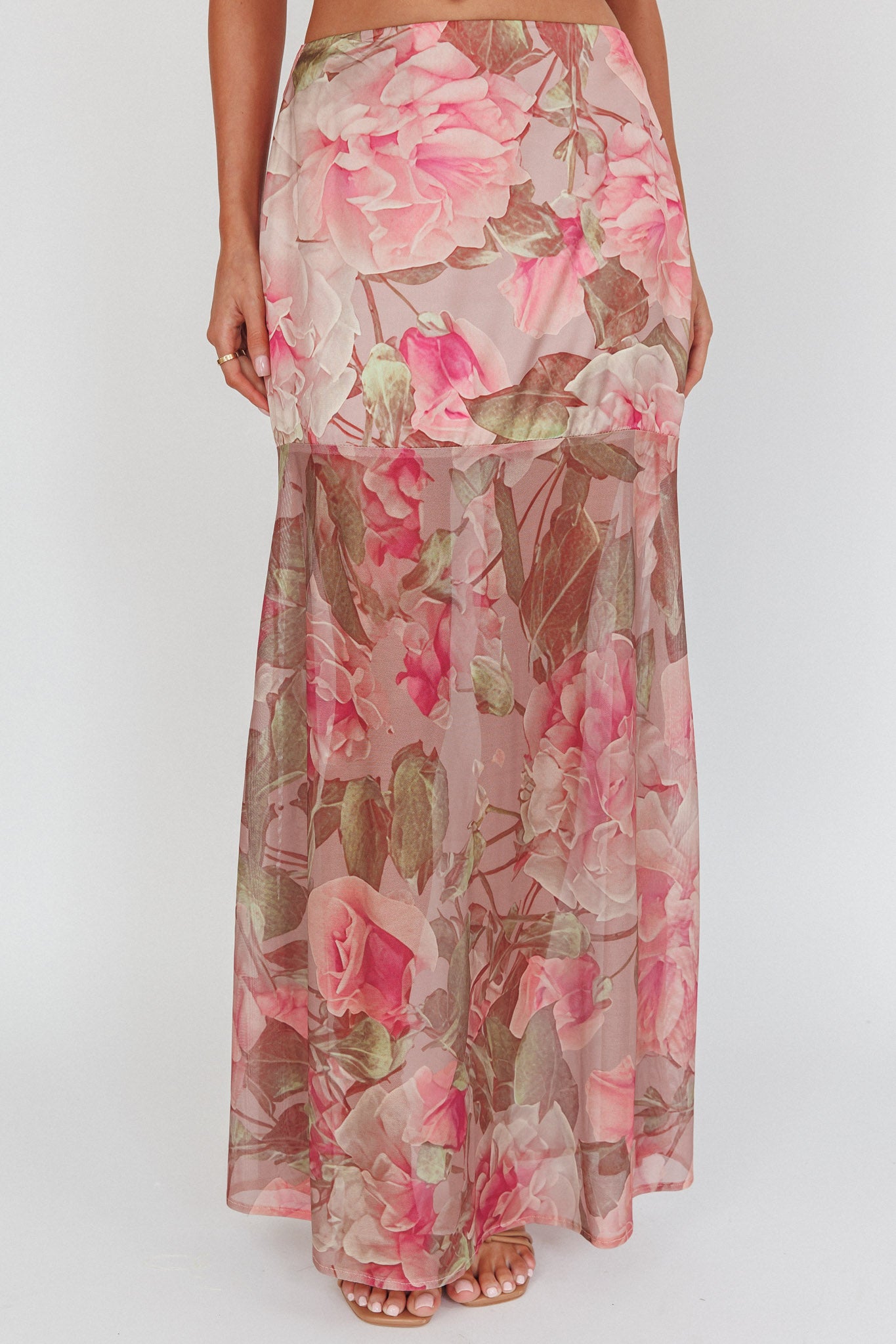 Sunset High Sheer Hem Maxi Skirt Floral Blush-Maymioy