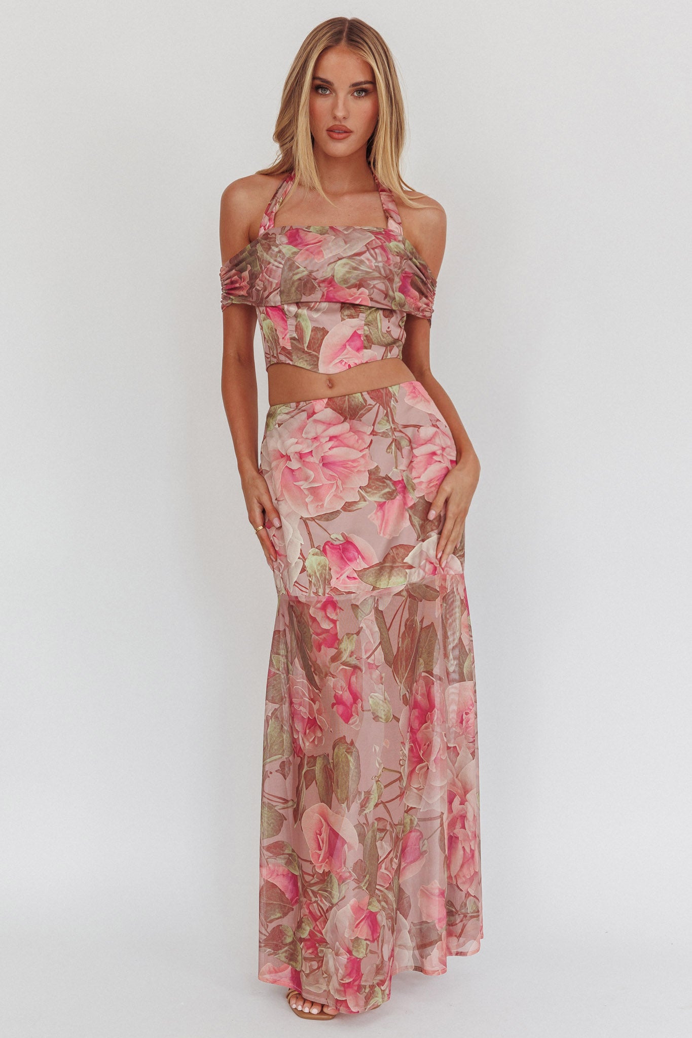 Sunset High Halterneck Crop Top Floral Blush-Maymioy