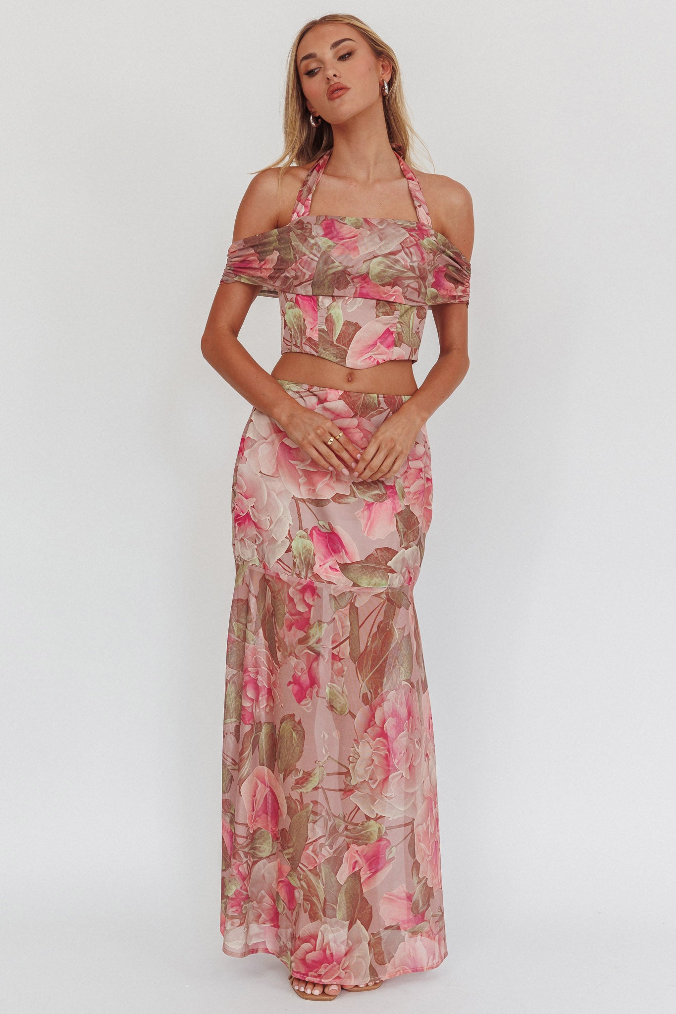 Sunset High Halterneck Crop Top Floral Blush-Maymioy