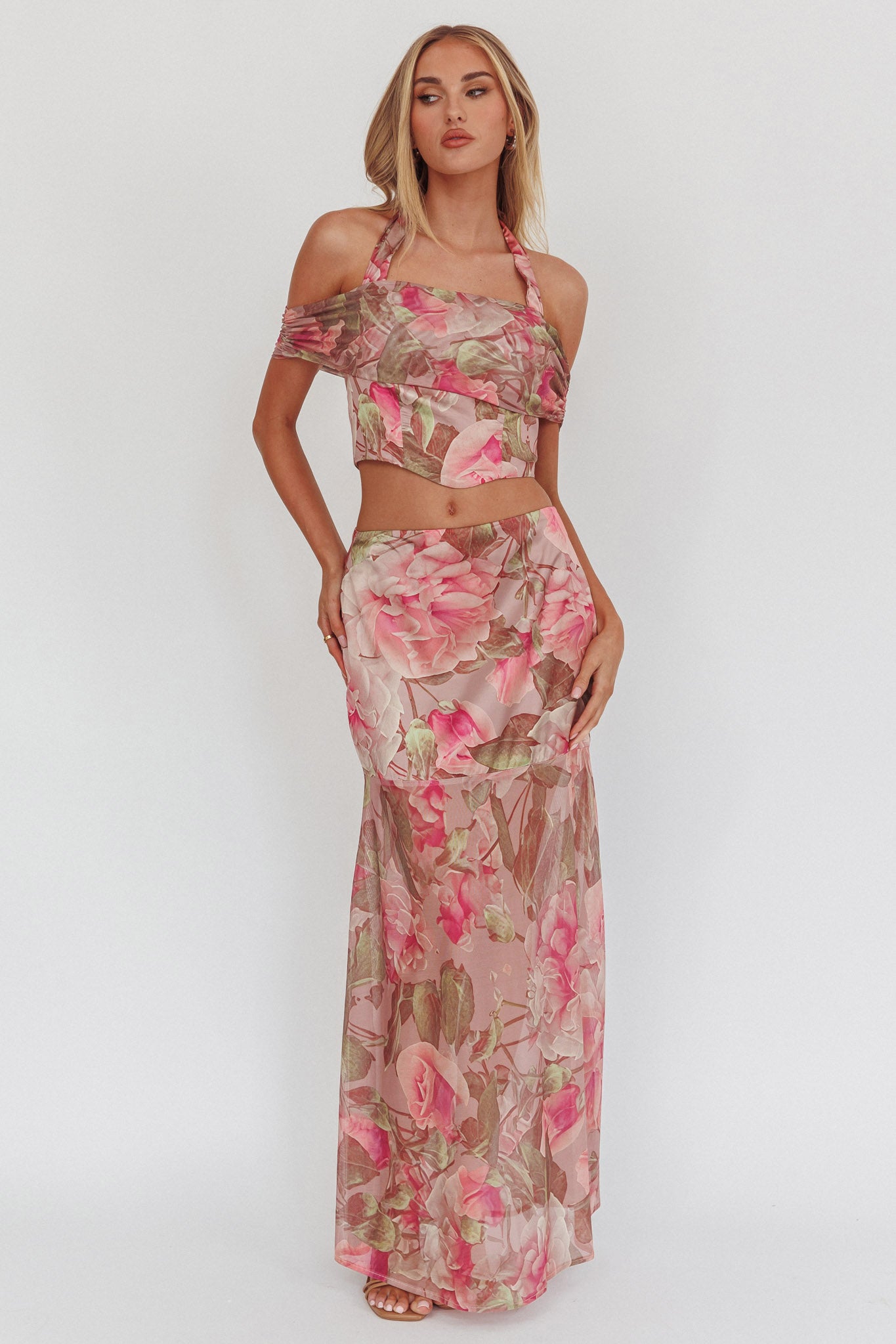 Sunset High Halterneck Crop Top Floral Blush-Maymioy
