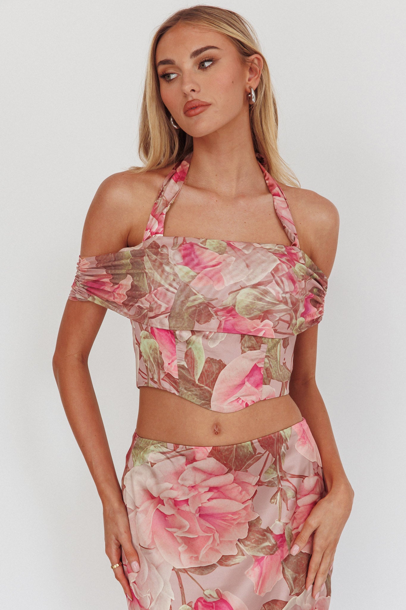 Sunset High Halterneck Crop Top Floral Blush-Maymioy
