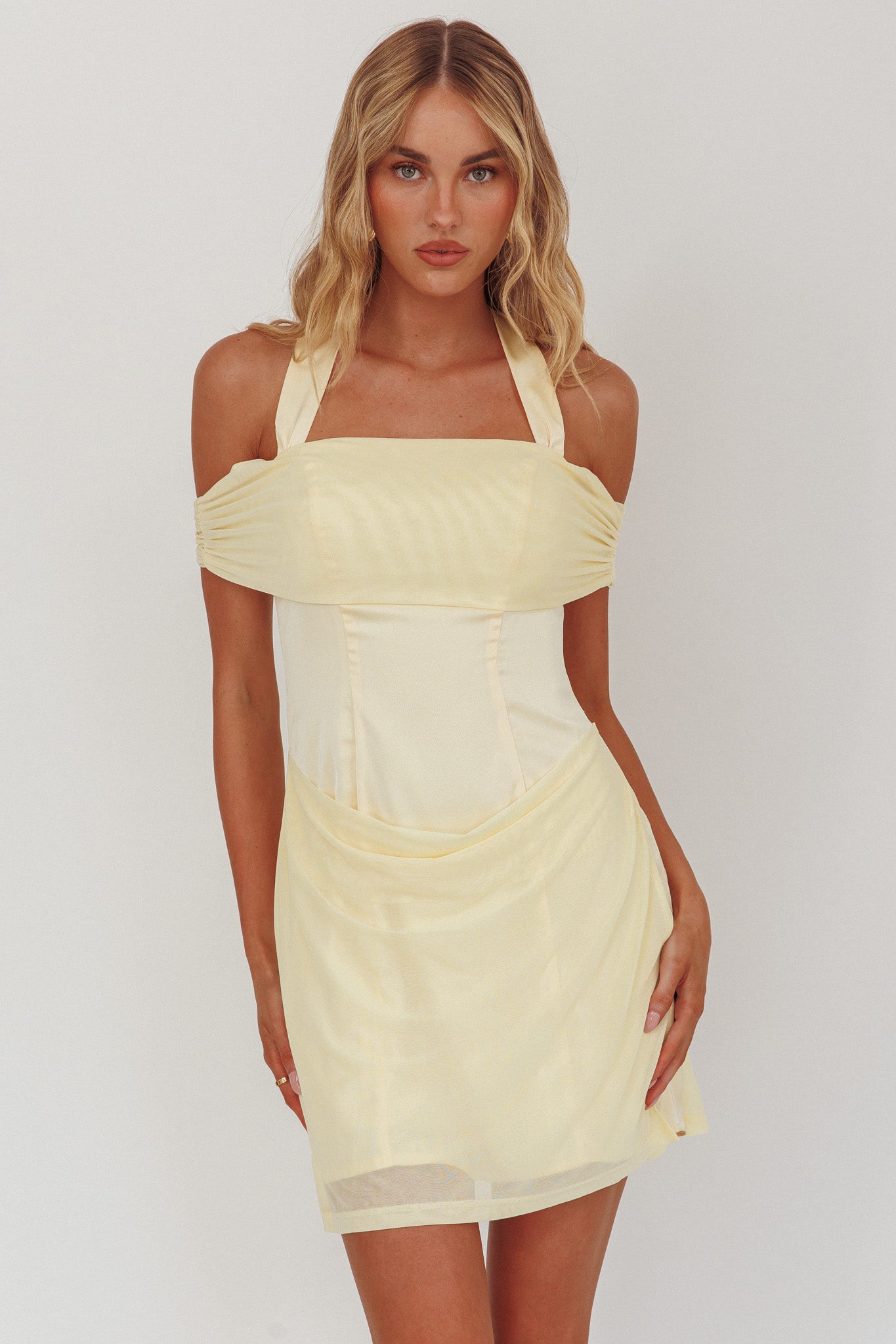 Matias Off-Shoulder Sleeve Halter Mini Dress Butter-Maymioy