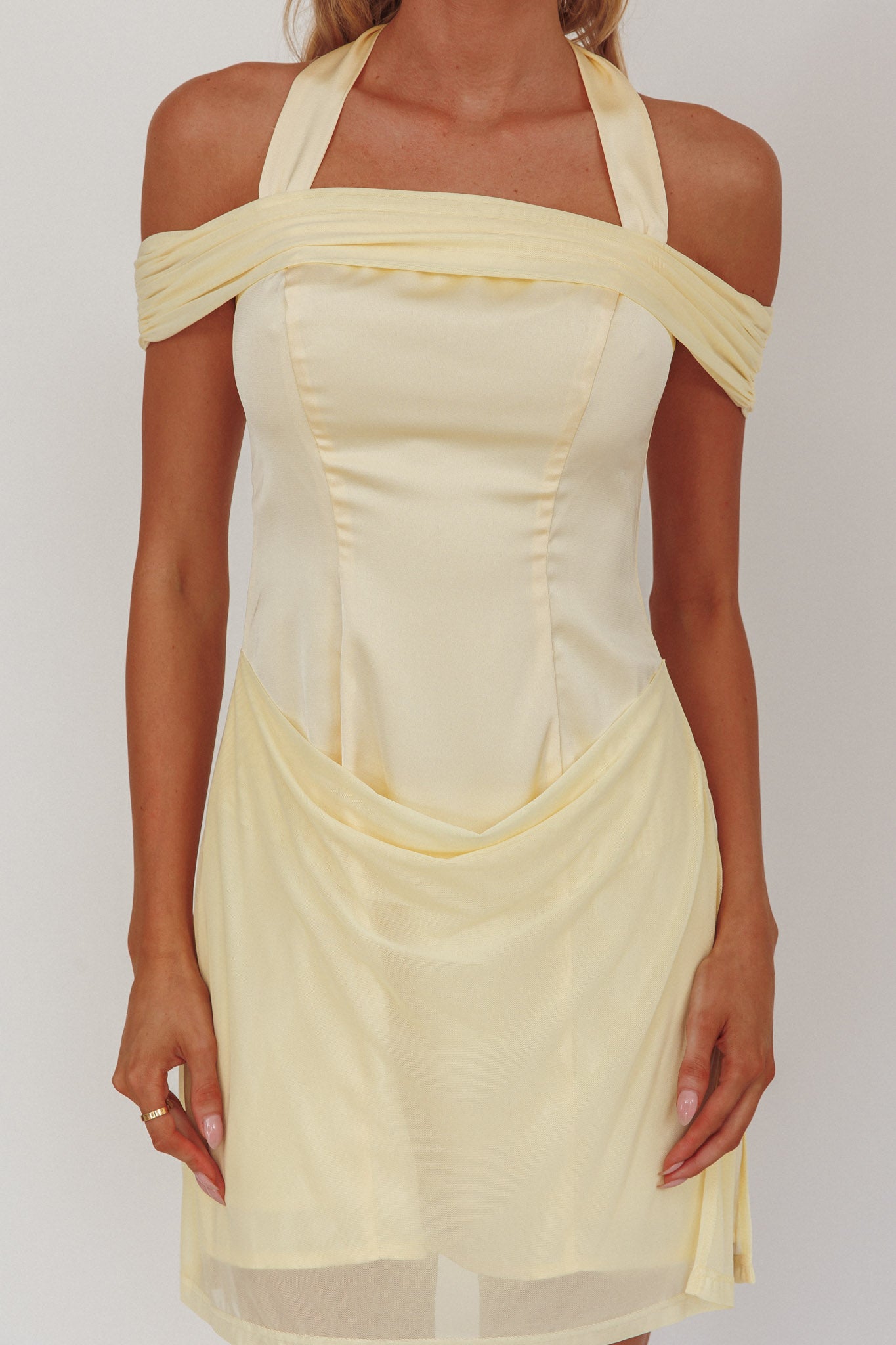 Matias Off-Shoulder Sleeve Halter Mini Dress Butter-Maymioy
