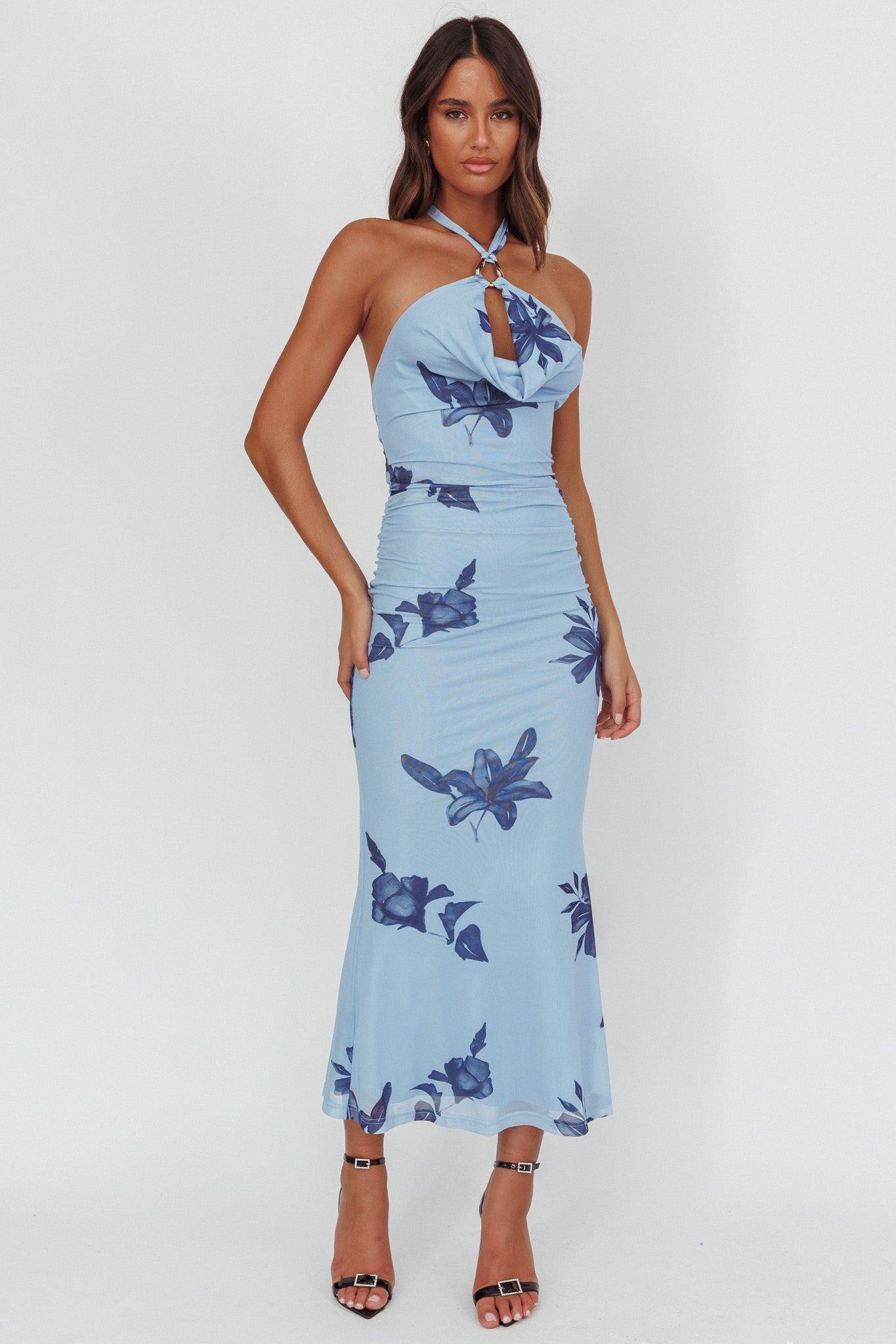 One Night Cowl Halterneck Maxi Dress Lily Blue-Maymioy