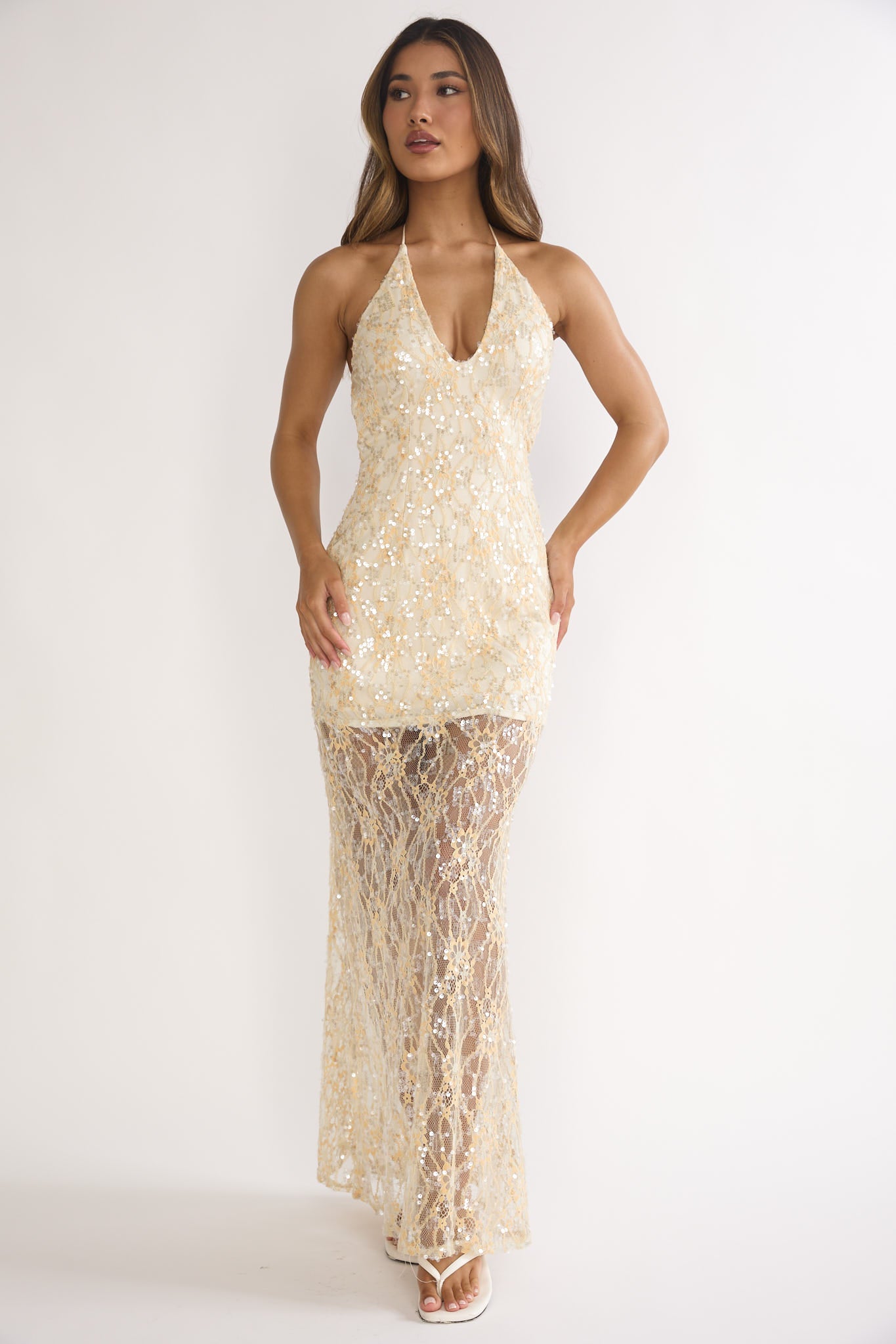 One Night Halterneck Maxi Dress Sequin Butter-Maymioy