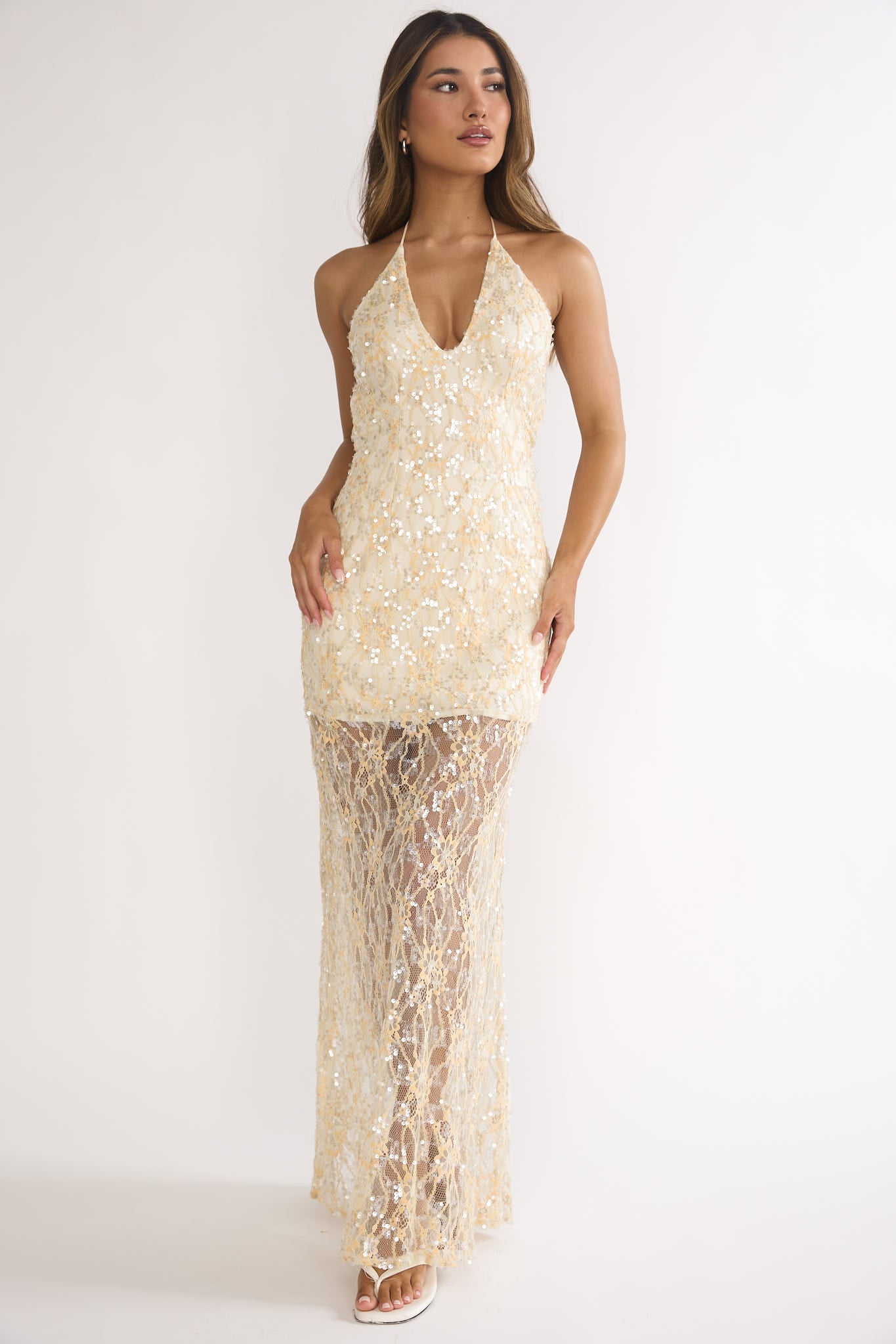 One Night Halterneck Maxi Dress Sequin Butter-Maymioy