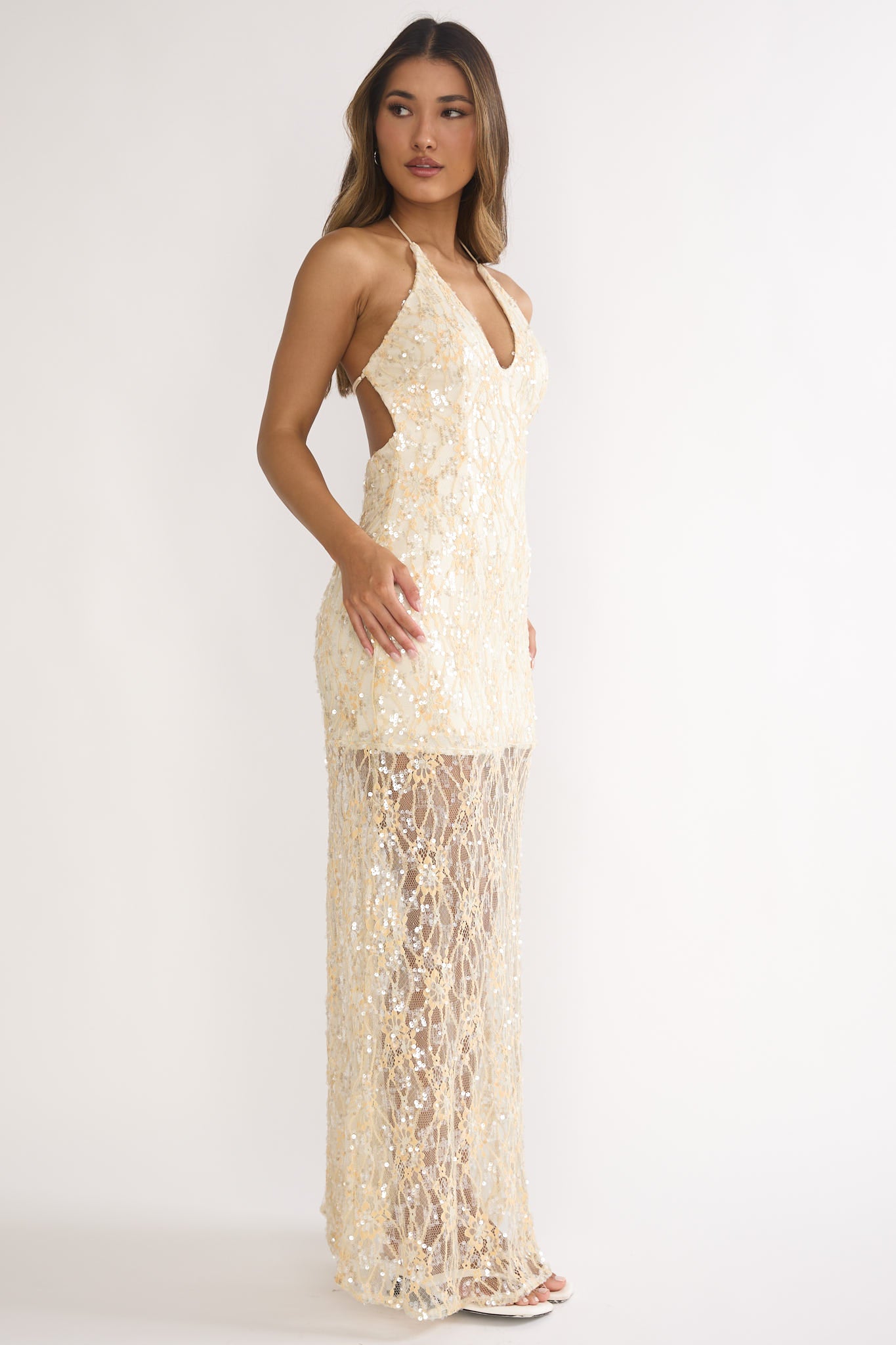 One Night Halterneck Maxi Dress Sequin Butter-Maymioy
