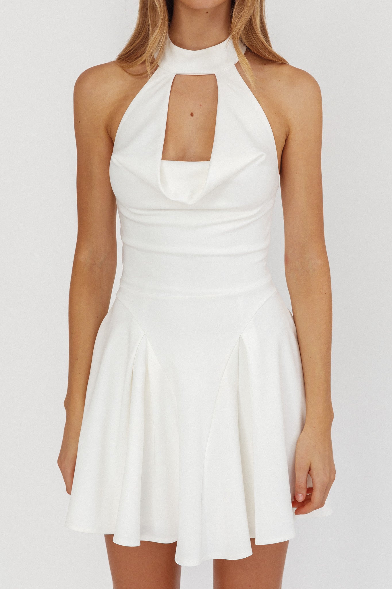 Charlene Cowl Halterneck Mini Dress White-Maymioy