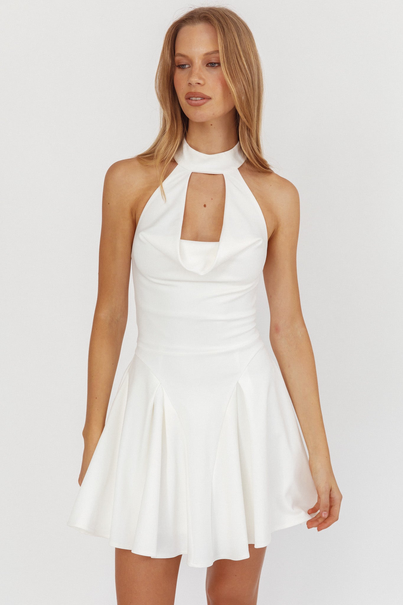 Charlene Cowl Halterneck Mini Dress White-Maymioy