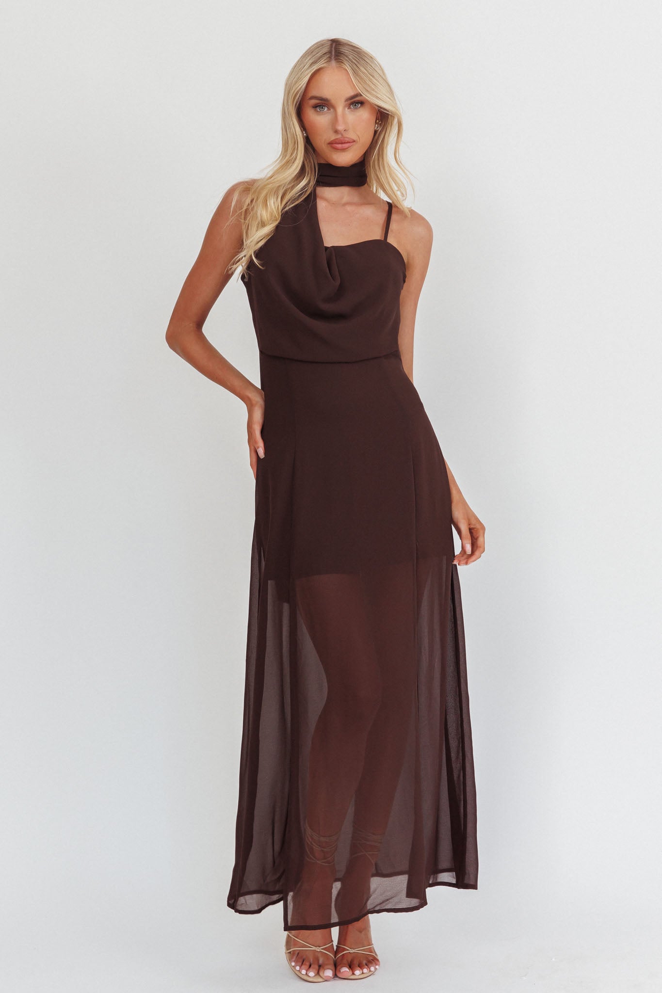 My Paradise Neck Scarf Maxi Dress Chocolate-Maymioy
