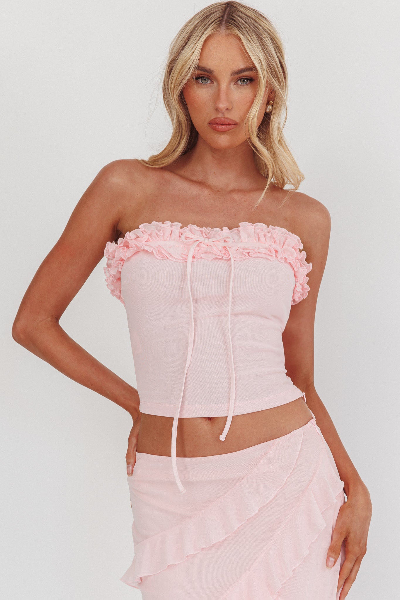 Frosted Sugar Frill Strapless Top Pink-Maymioy