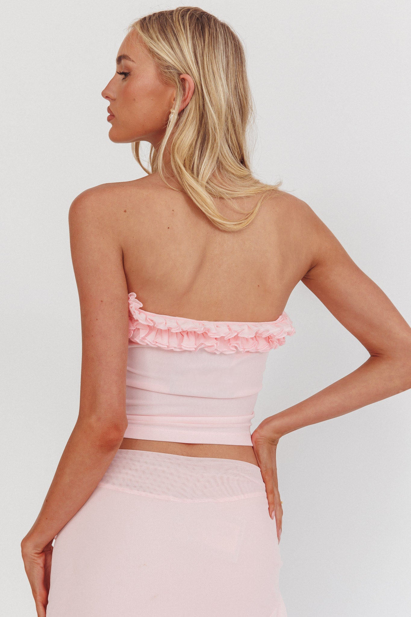 Frosted Sugar Frill Strapless Top Pink-Maymioy