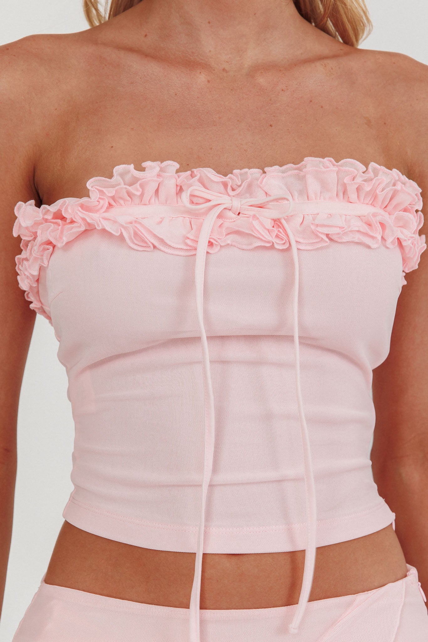 Frosted Sugar Frill Strapless Top Pink-Maymioy