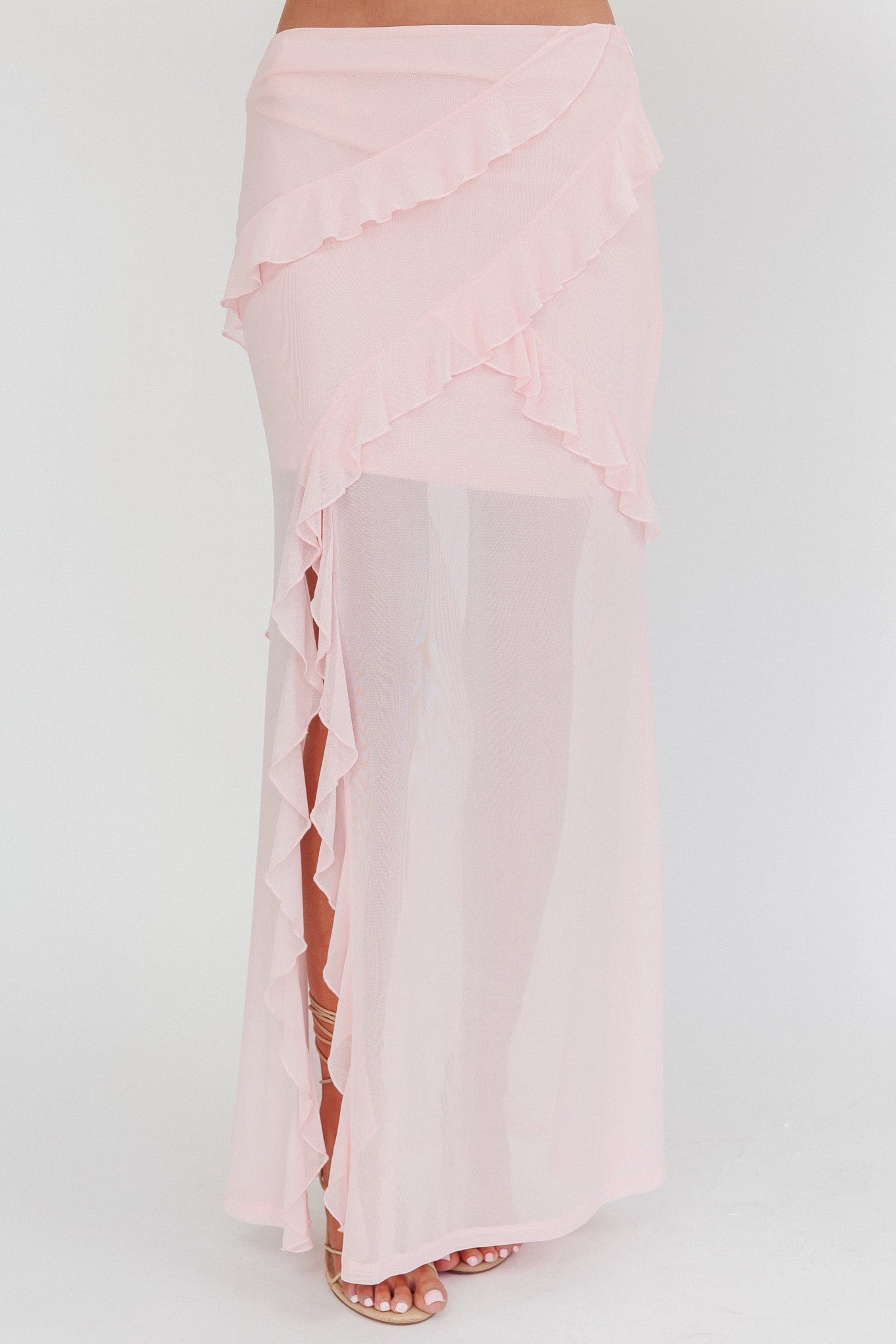 Frosted Sugar Ruffle Trim Split Midi Skirt Pink-Maymioy