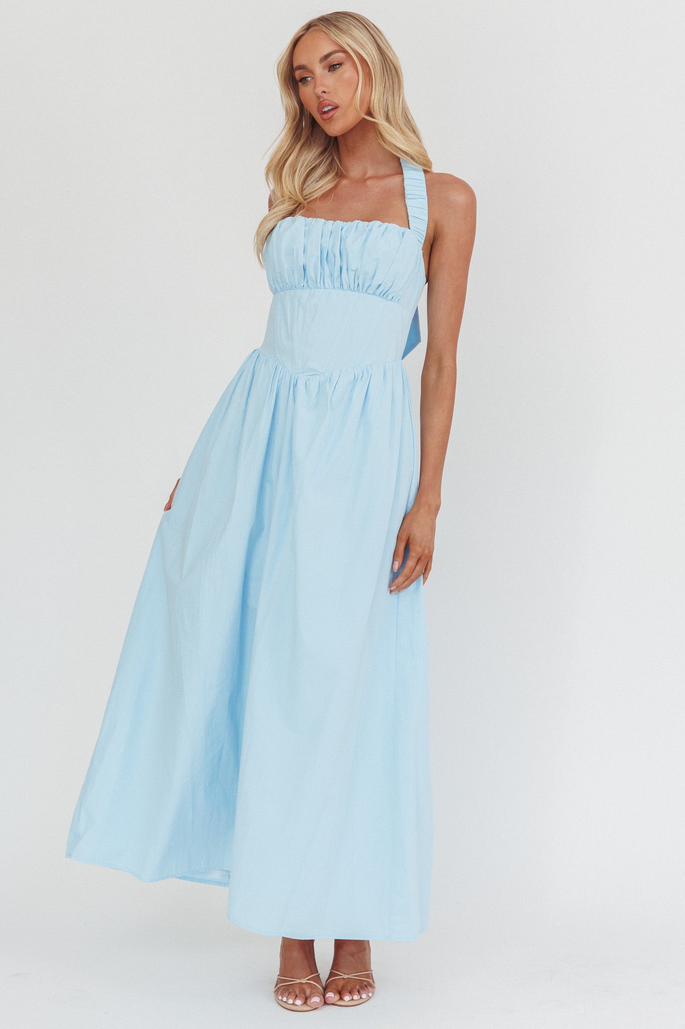 Irisa Elasticated Halter Maxi Dress Ice Blue-Maymioy