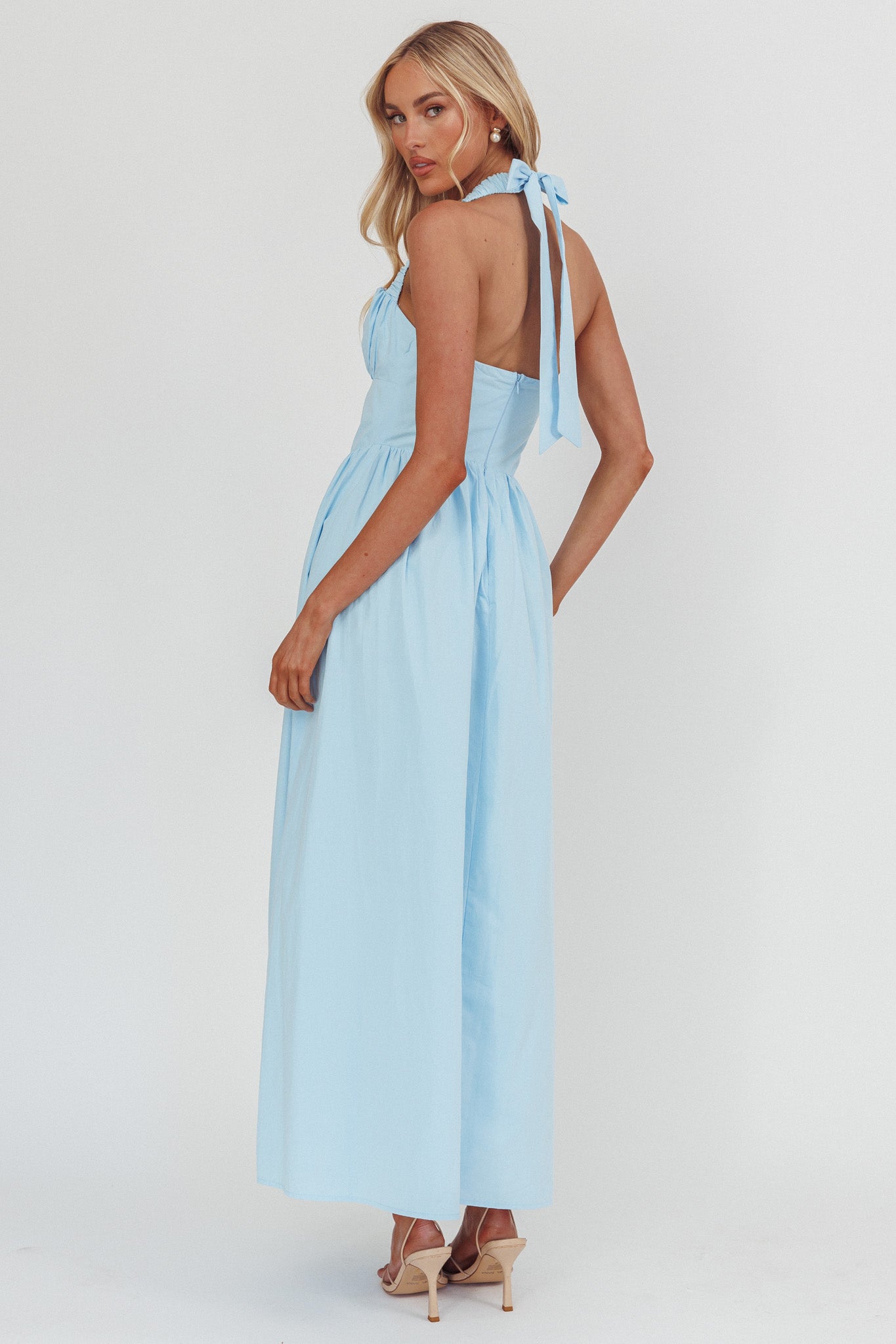 Irisa Elasticated Halter Maxi Dress Ice Blue-Maymioy
