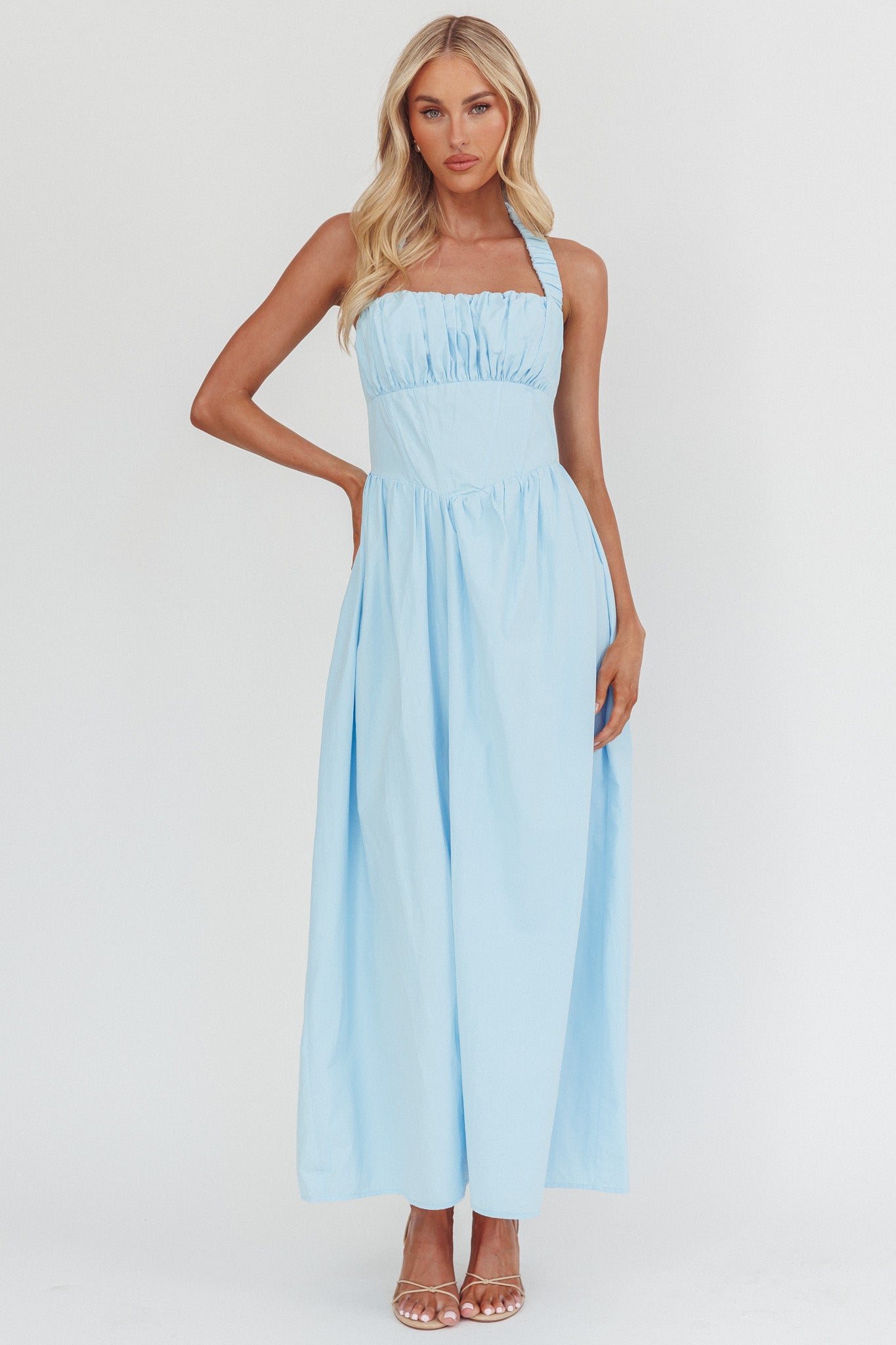 Irisa Elasticated Halter Maxi Dress Ice Blue-Maymioy
