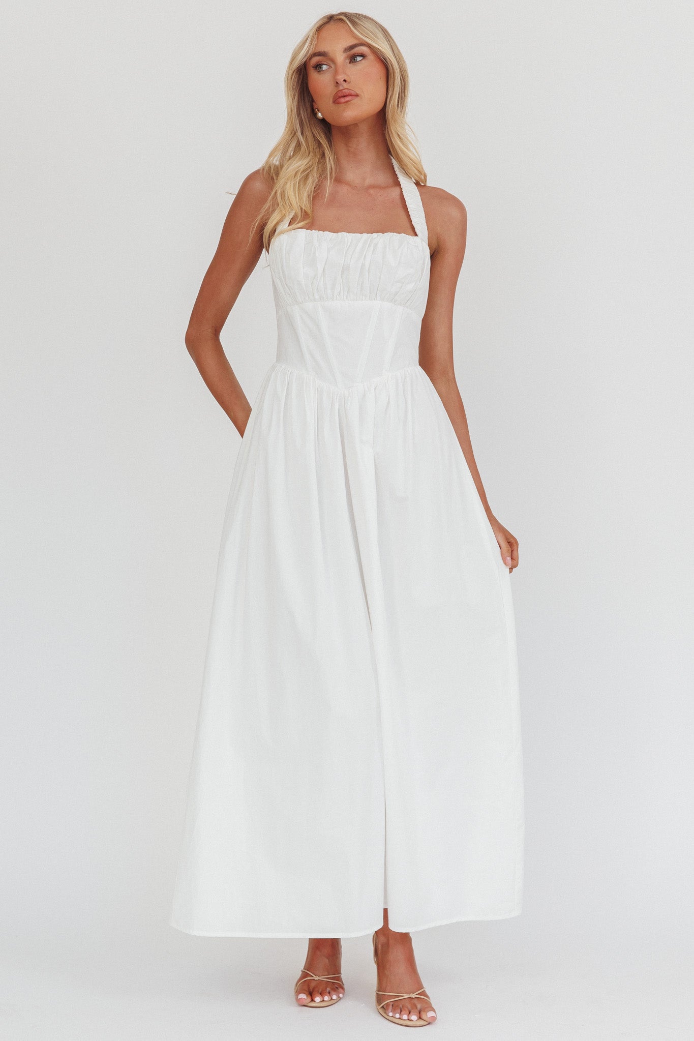 Irisa Elasticated Halter Maxi Dress White-Maymioy