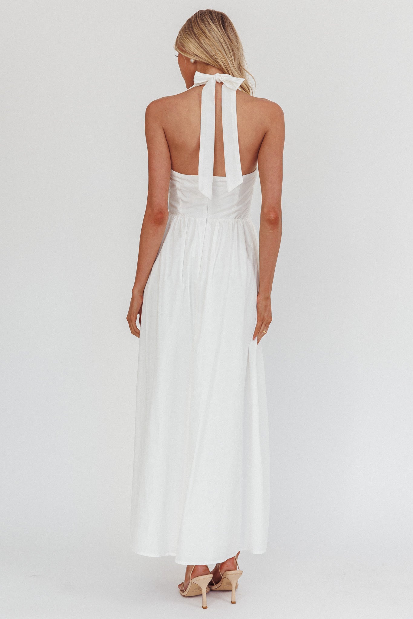 Irisa Elasticated Halter Maxi Dress White-Maymioy