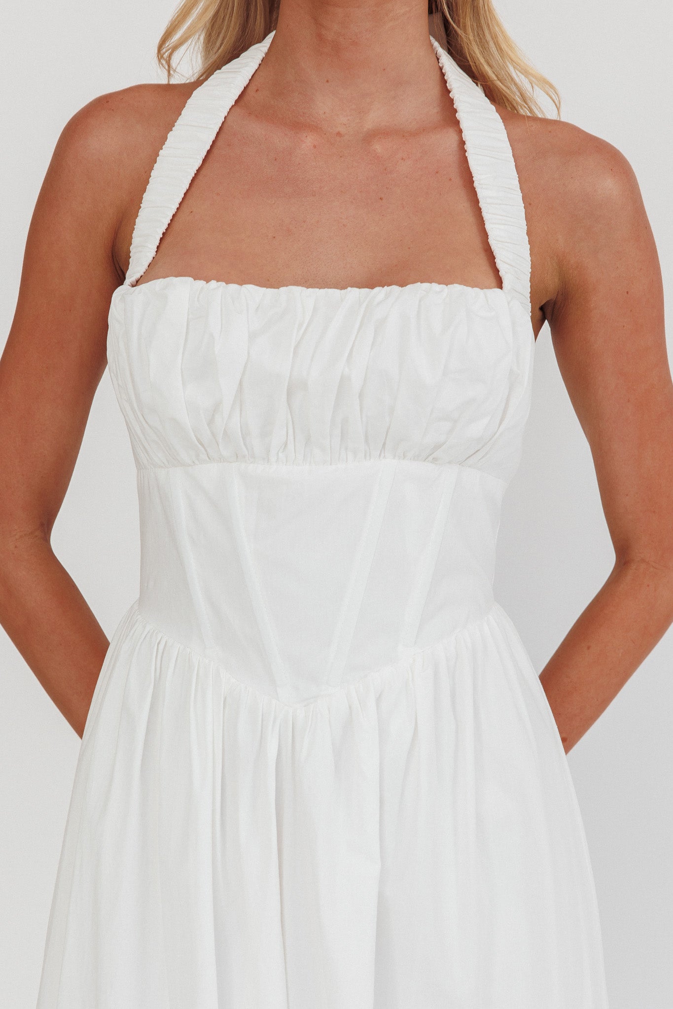 Irisa Elasticated Halter Maxi Dress White-Maymioy