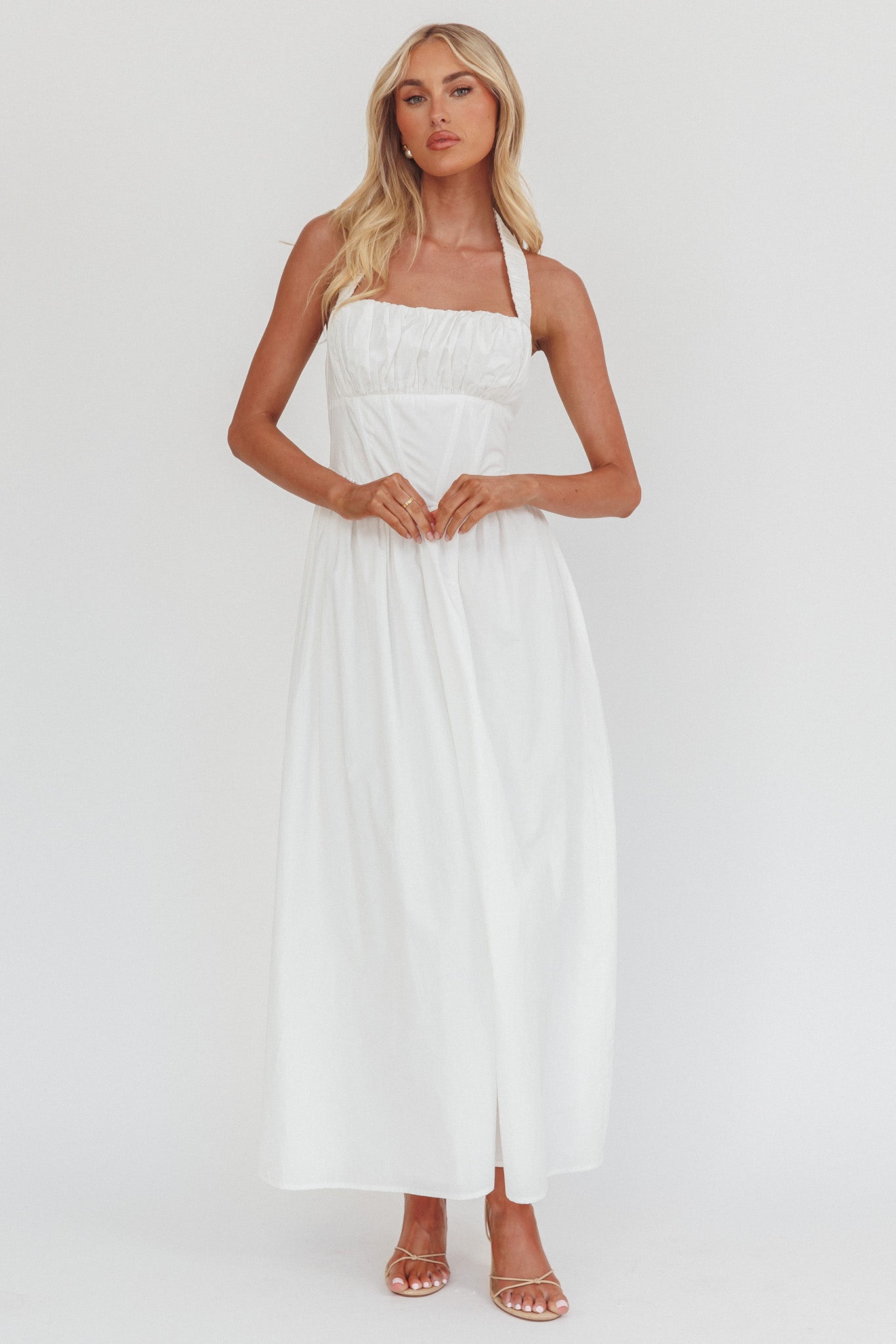 Irisa Elasticated Halter Maxi Dress White-Maymioy