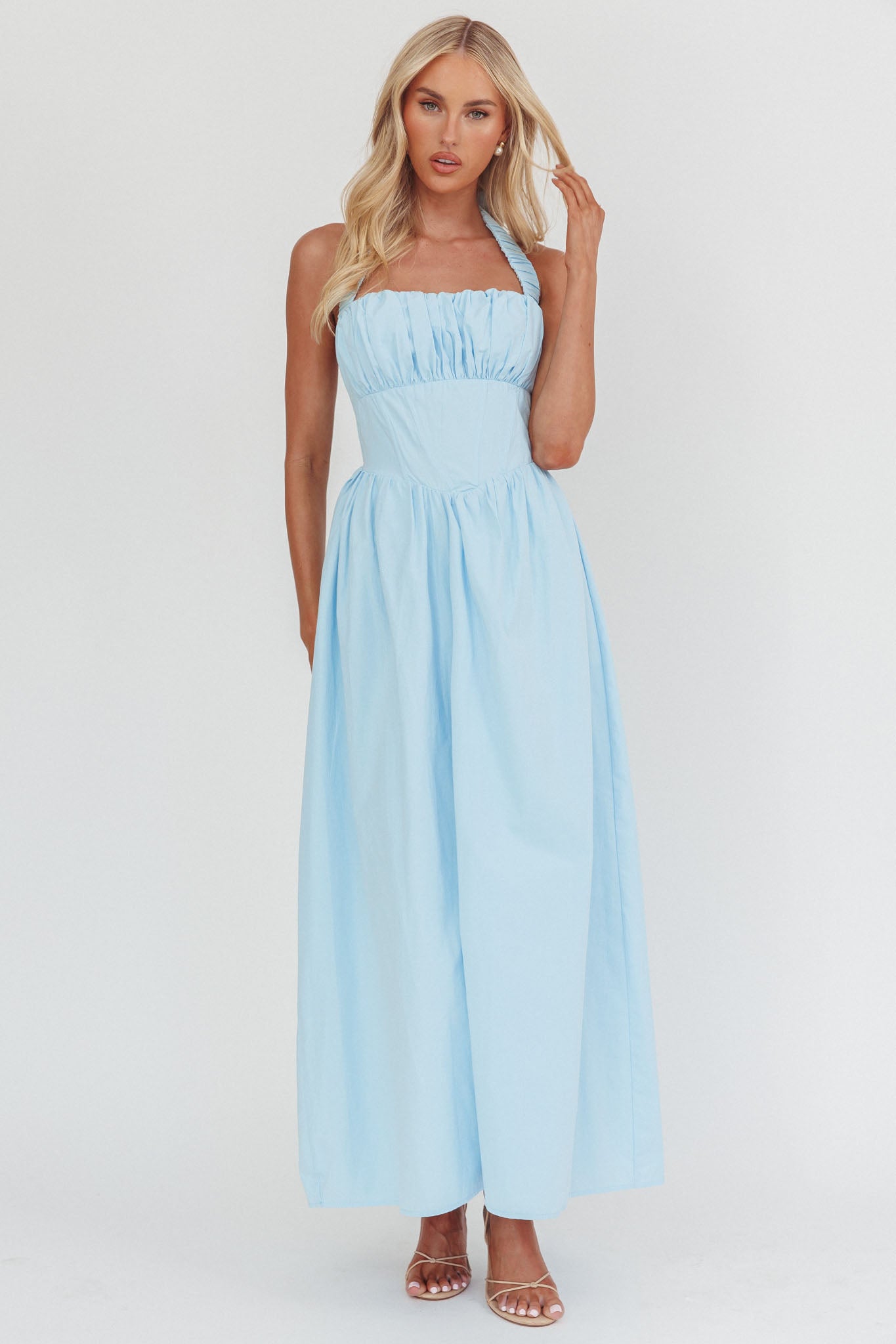 Irisa Elasticated Halter Maxi Dress Ice Blue-Maymioy